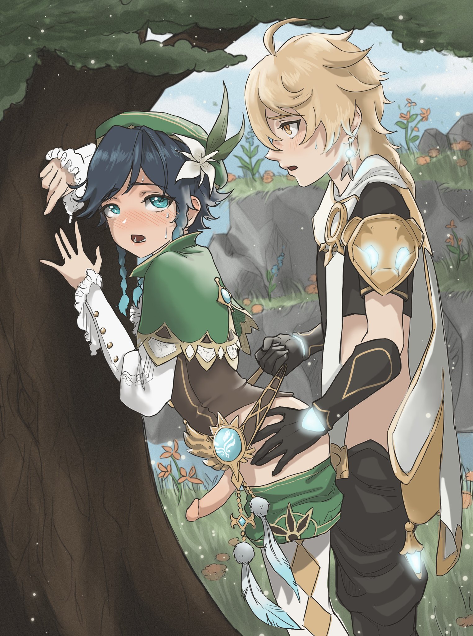 2boys, aether (genshin impact), against tree, blonde hair, blue eyes, femboy, from behind, from behind position, gay, gay sex, genshin impact, male, male only, sex, torchdraws, venti (genshin impact), yaoi, yellow eyes