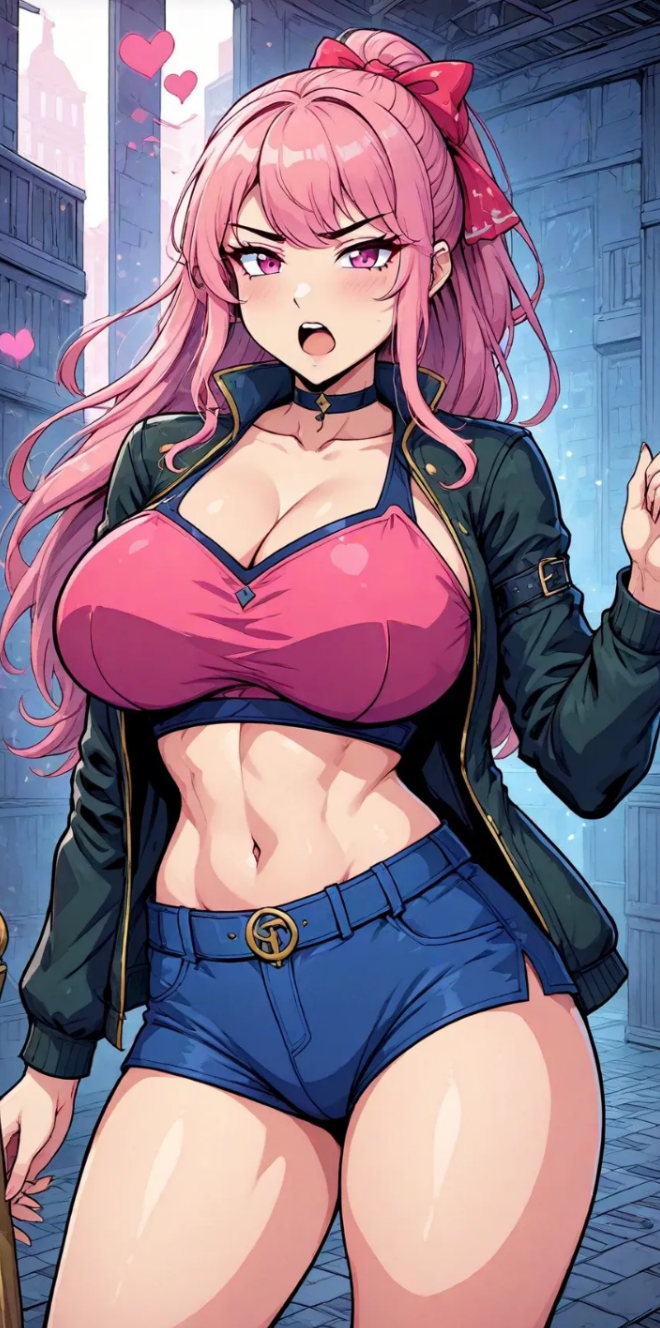 1girl, abs, ai_generated bangs, belt, blue_shorts, blush, bow, brawl_stars breasts, choker, cleavage, collarbone, cowboy_shot, crop_top, denim, denim_shorts, hair_bow, heart, jacket, large_breasts, long_hair, long_sleeves, looking_at_viewer, melodie_(brawl_stars) midriff, navel, open_clothes, open_jacket, open_mouth, pink_eyes, pink_hair, ponytail, short_shorts, shorts, solo, thick_thighs, thighs,