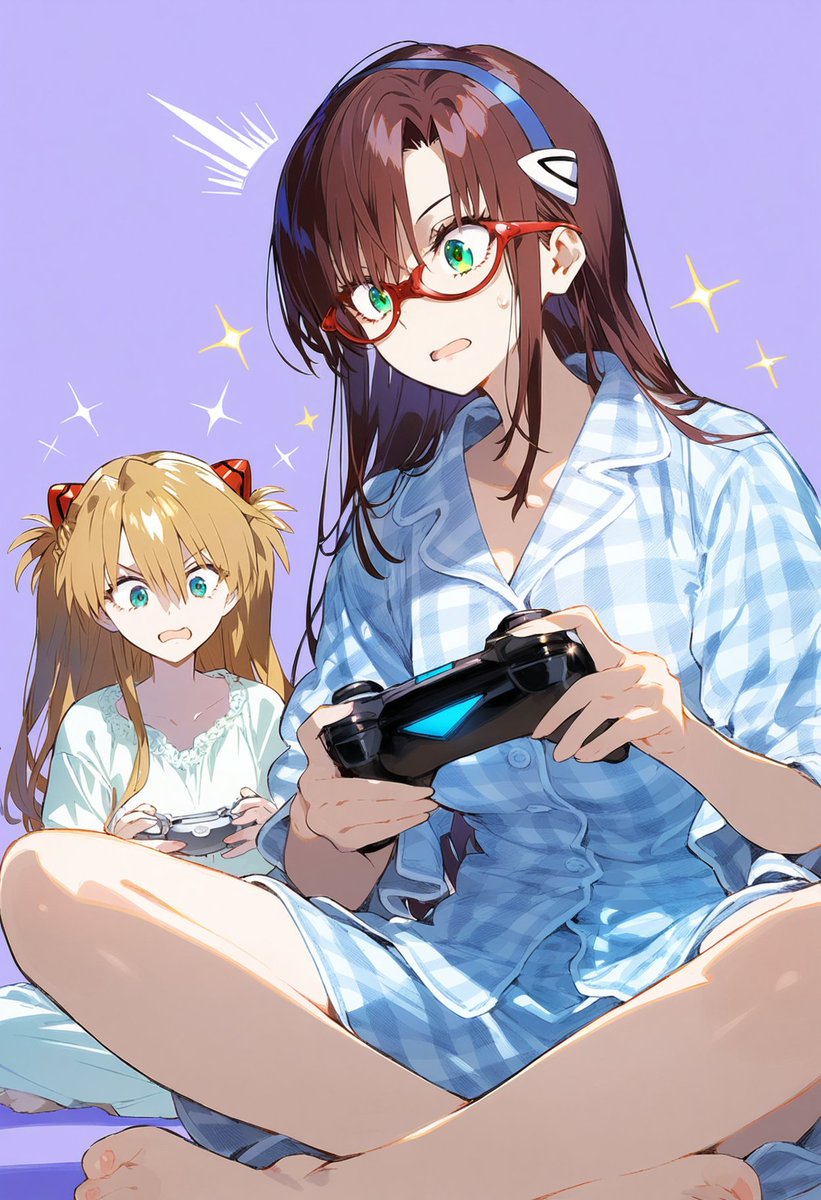 2girls ai_generated alternate_costume asuka_langley_sohryu brown_hair controller feet glasses green_eyes large_breasts neon_genesis_evangelion orange_hair pajamas purple_background shoppy shorts toes video_games