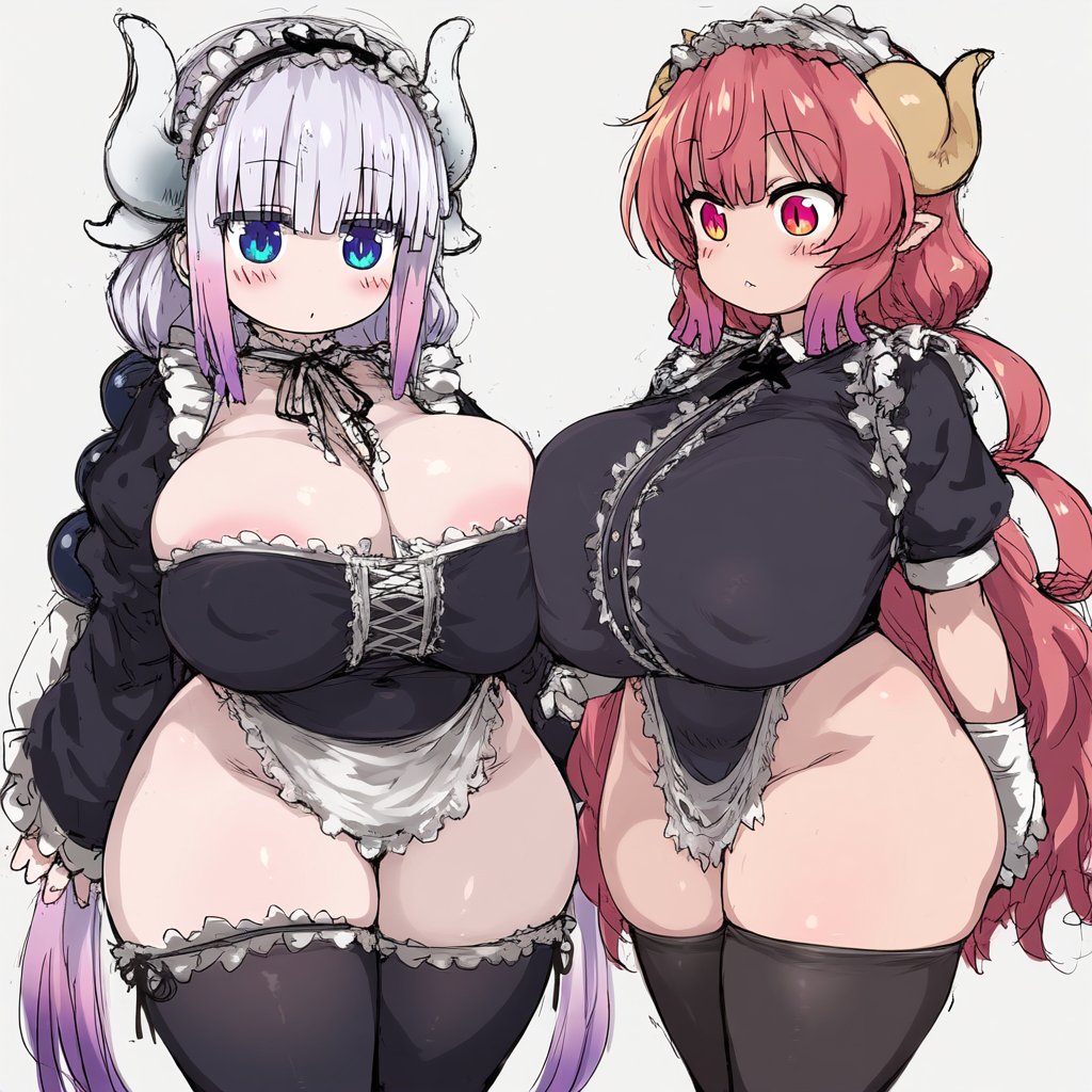 2girls ai_generated big_ass big_breasts busty busty_female cleavage curvy dr.jim dragon dragon_girl dragon_horns dragon_humanoid fangs female female/female female_focus female_only hair highres horn horns huge_ass huge_breasts humanoid ilulu ilulu_(dragon_maid) ilulu_(maidragon) kanna_kamui kobayashi-san_chi_no_maidragon large_ass large_breasts long_hair maid maid_headdress maid_uniform miss_kobayashi's_dragon_maid slit_pupils small_but_busty standing thick_ass thick_thighs thighs twin_braids twintails voluptuous voluptuous_female wide_hips