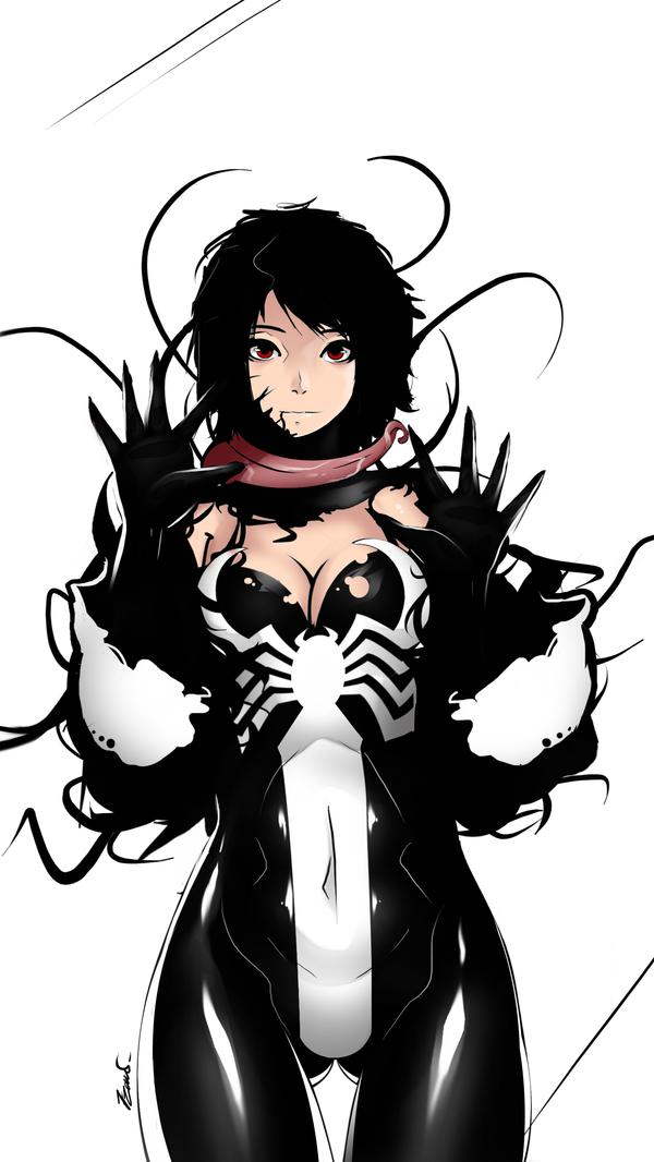 1girls 7zaki black_hair cleavage female looking_at_viewer marvel marvel_comics medium_hair messy_hair red_eyes she-venom skin_tight solo spider-man_(series) symbiote tongue