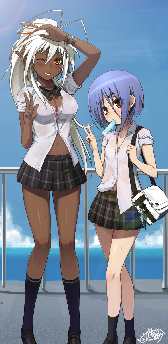 2girls anime_style ayane_ichijou bag bikini black_socks breasts dark_skinned_female dress female_only flat_chest hot_spring ice_cream light_blue_hair ookuma_nekosuke sansei_muramasa school_uniform small_breasts soukou_akki_muramasa summer taller_girl wet_body white-skinned_female white_hair yellow_eyes