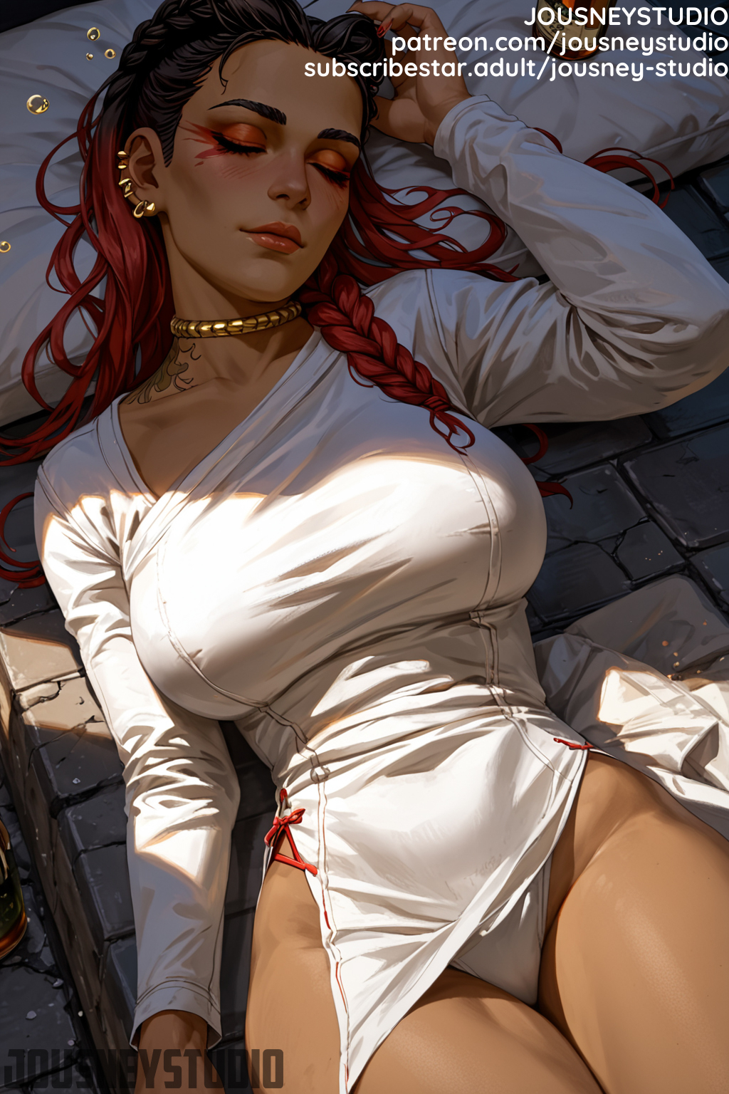 ai-created ai_generated apex_legends artist_name black_hair blush braid breasts cameltoe closed_eyes closed_mouth clothing dark-skinned_female dark_skin dress ear_piercing earrings female female female_only freckles jewelry jousneystudio large_breasts lips loba loba_(apex_legends) long_hair long_sleeves looking_at_viewer lying makeup nose on_back original parted_lips patreon_username piercing pillow red_hair red_nails sleeping solo tattoo text thighs tied_hair underwear watermark web_address white_dress white_panties