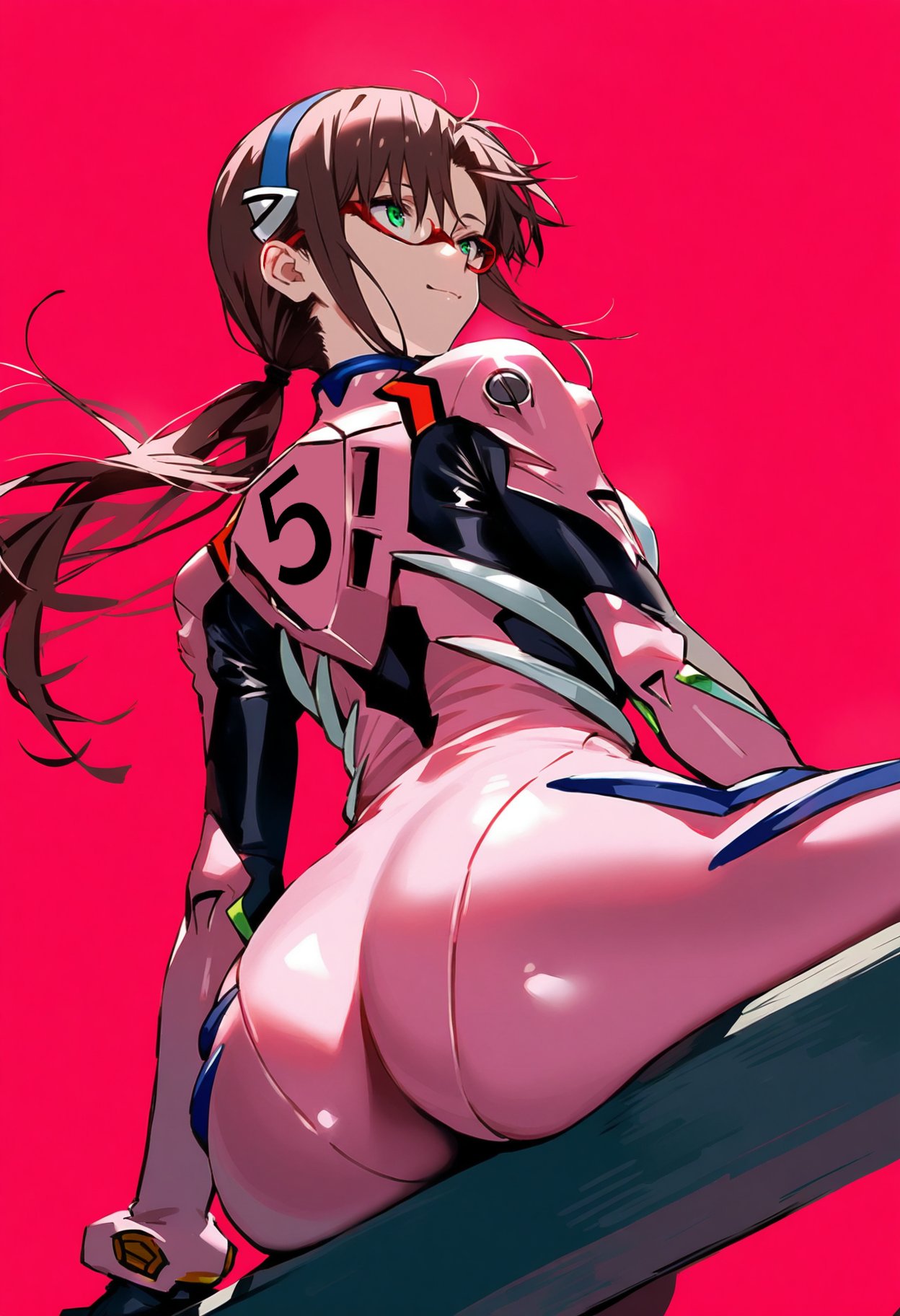 1girls ai_generated ass ass_focus booty brown_hair female female_only glasses hairband looking_at_viewer looking_back mari_illustrious_makinami neon_genesis_evangelion ponytail rear_view red_background shoppy simple_background sitting smile