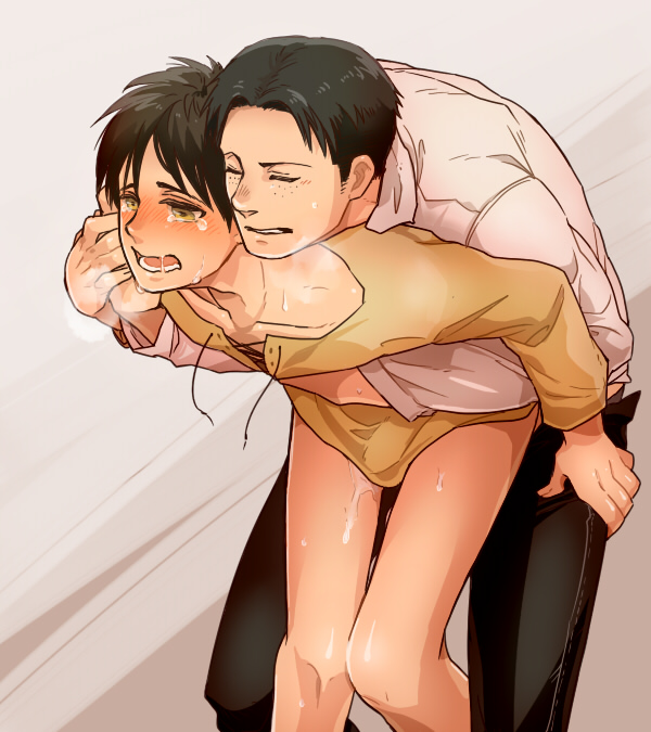 2boys, attack on titan, black hair, brown hair, closed eyes, eren jaeger, freckles, gay, male, male only, male/male, marco bodt, multiple males, open mouth, short hair, tears, yaoi, yellow eyes