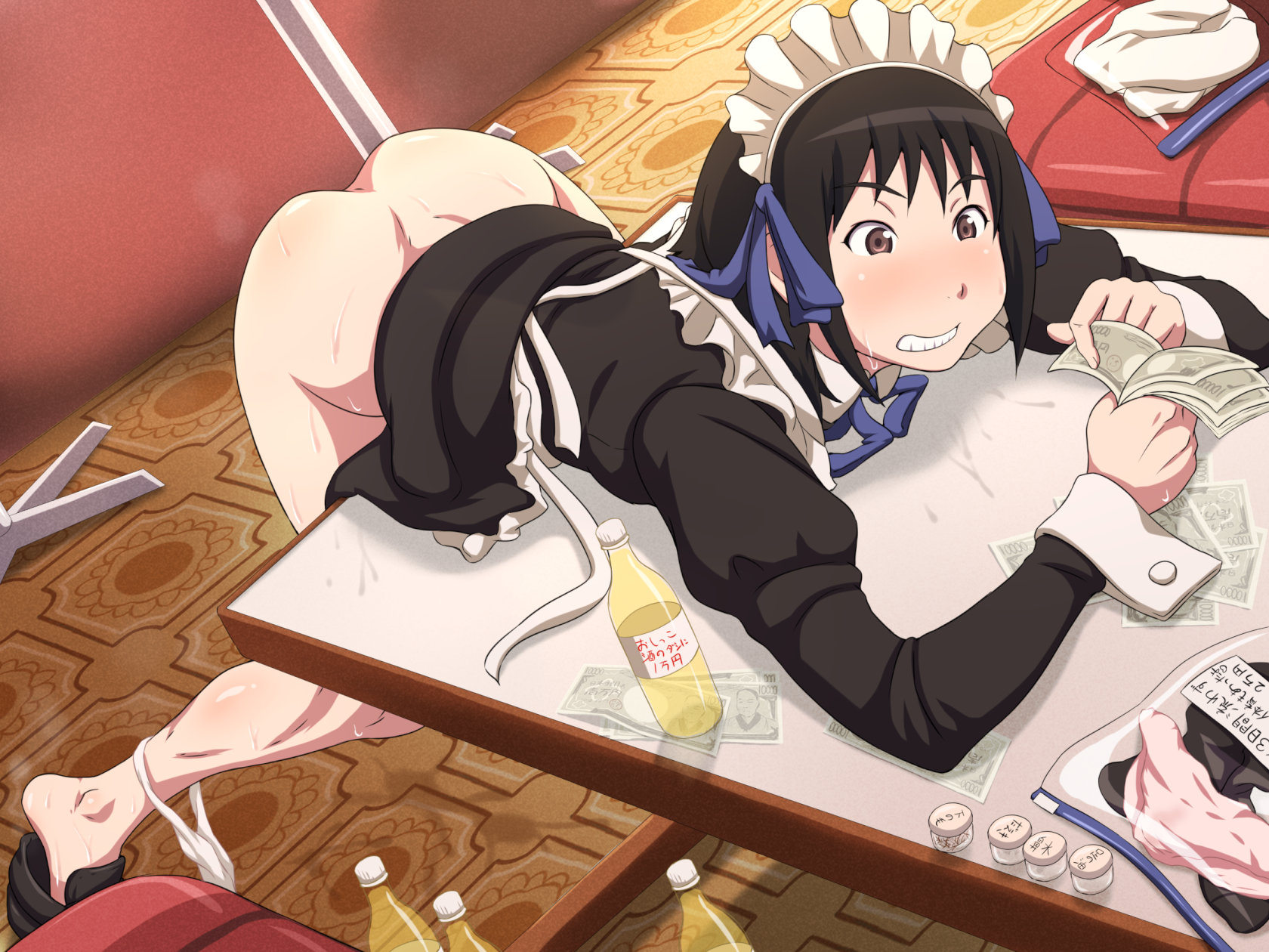 arashiyama hotori, ass, bangs, bent over, bent over table, black hair, blush, bottle, brown eyes, clenched teeth, clothing, counting money, dimples of venus, dirty panties, dress, dress lift, feet, female, highres, indoors, legs, long sleeves, looking down, lying, maid, maid headdress, maku (l-u), money, on stomach, panties, panties around leg, panties around one leg, panties removed, pimped, prostitute, prostitution, ruined, ruined reputation, shoes, short hair, solo, soredemo machi wa mawatteiru, sweat, table, thighs, underwear, used panties, whored, whored out, working girl, wrist cuffs