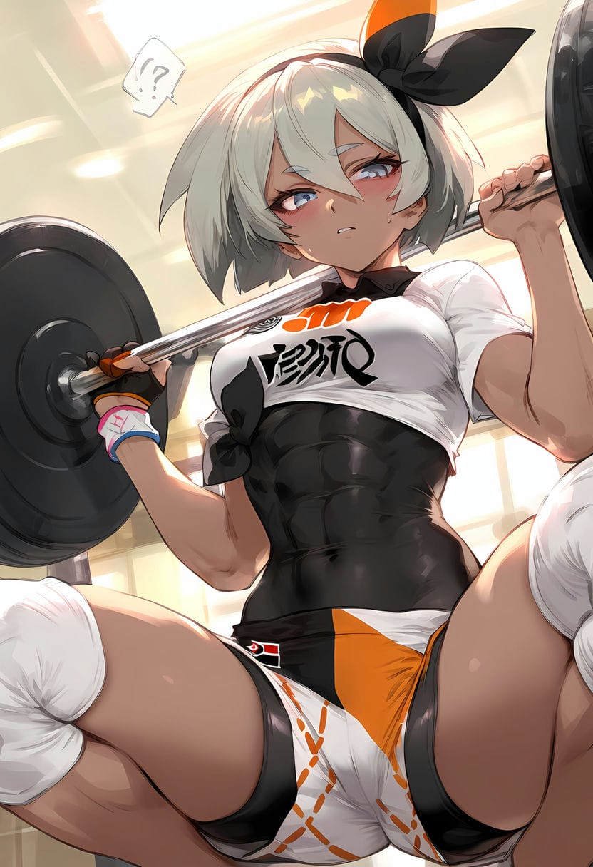 1girls abs ai_generated bare_thighs bea_(pokemon) blush breasts clothed clothing color dark-skinned_female dark_skin female female_focus female_only fit_female game_freak grey_eyes grey_hair gym gym_leader hi_res looking_at_viewer muscles muscular muscular_female nakatori nintendo pokemon pokemon_ss pokemon_trainer short_hair solo solo_female tagme thick_thighs weightlifting