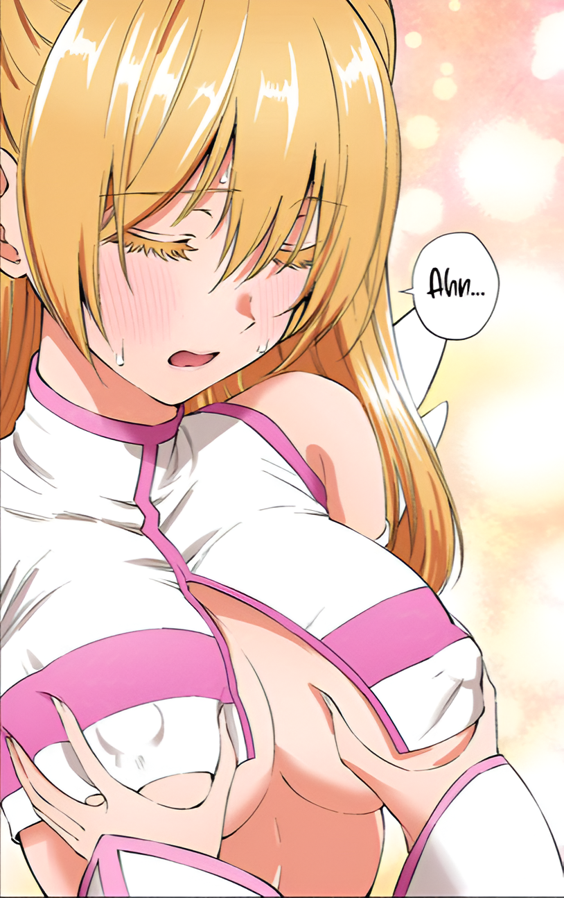 2.5_jigen_no_ririsa amano_ririsa bare_belly bare_shoulders big_breasts blush breasts closed_eyes cosplay detached_sleeves hashimoto_yuu liliel_(cosplay) long_hair manga nonoa_(2.5_jigen_no_ririsa) official_art open_mouth orange_hair sweatdrop touching_breast twintails underboob yuri