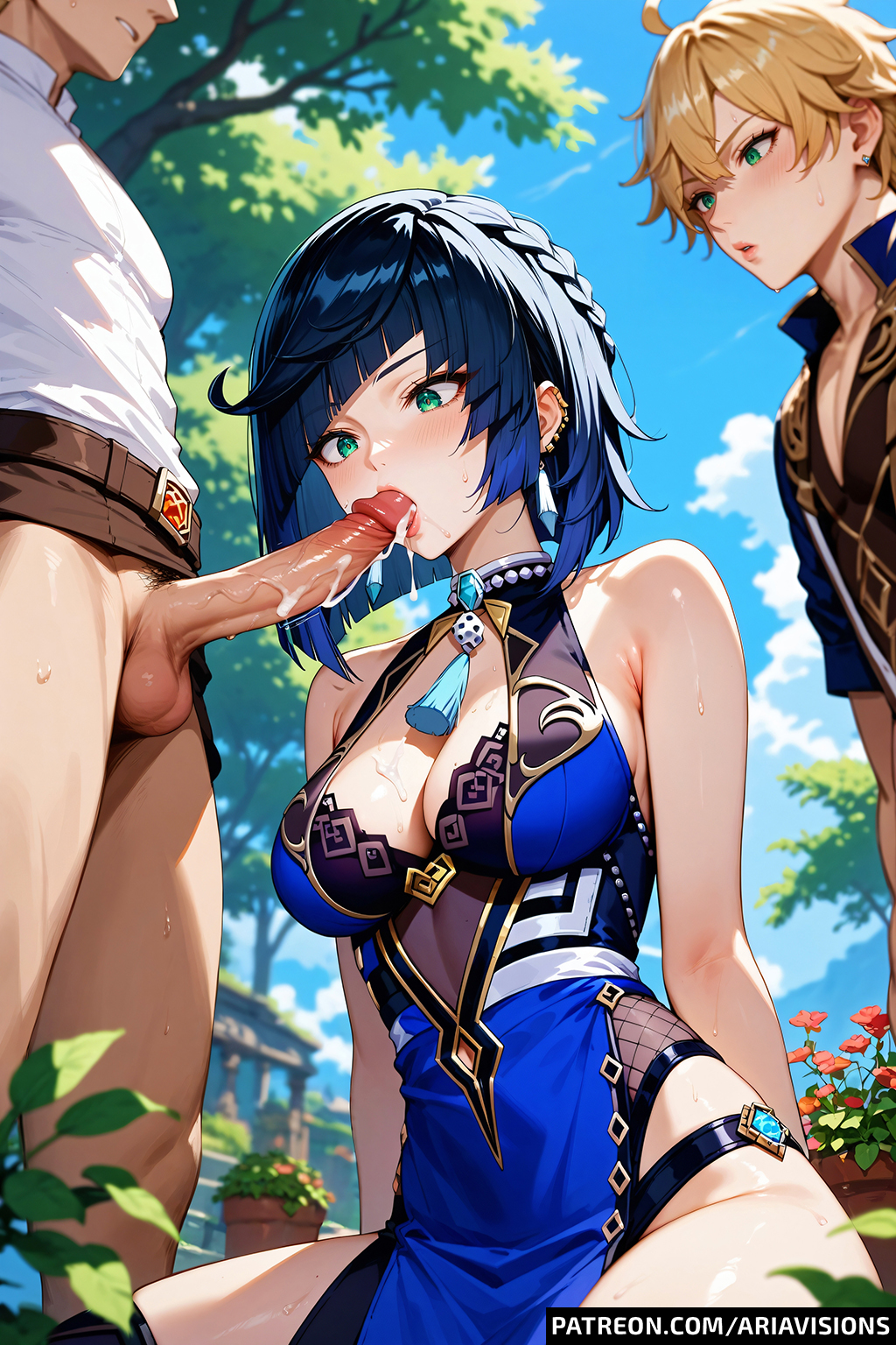 ai_generated ariavisions blowjob blue_hair cuckold cum_in_mouth cum_on_breasts earrings focus genshin_impact gradient_hair green_eyes piercings short_hair sucking_off yelan_(genshin_impact)