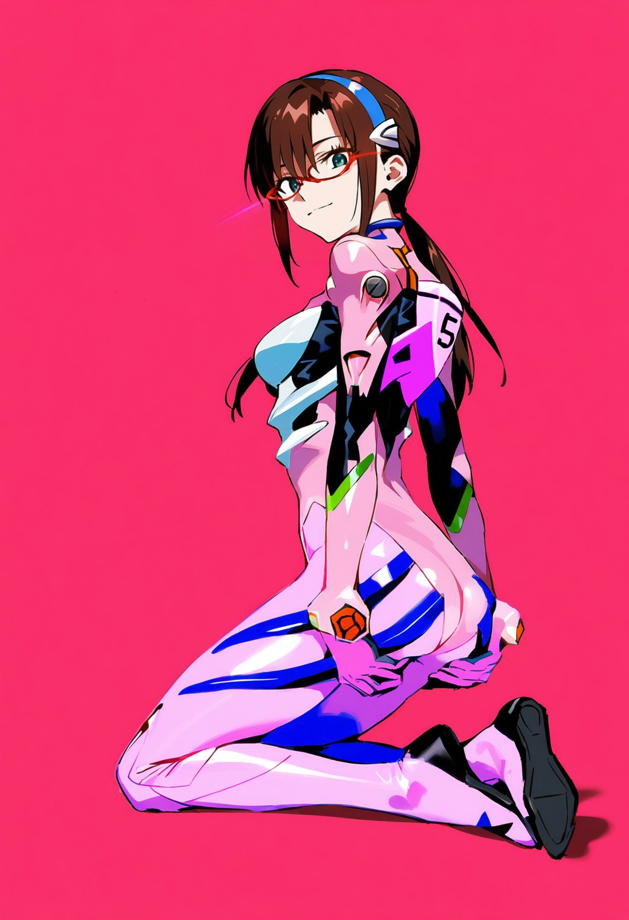 1girls ai_generated ass brown_hair full_body glasses grabbing_own_ass looking_back makinami_mari_illustrious mari_illustrious_makinami neon_genesis_evangelion pink_background plugsuit shoppy smile