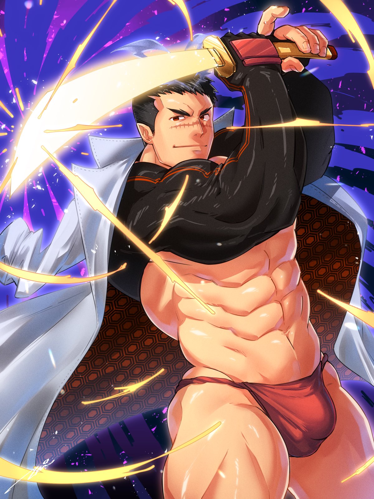 1boy abs arm_sleeves bara beefy biceps black_hair blade blocking bulge bulge_through_clothing coat coat_on_shoulders dull_eyes eight_pack fingerless_gloves frown fundoshi glowing hi_res holding_object holding_weapon male male_only mature_male muscles muscular muscular_arms muscular_ass muscular_legs muscular_male muscular_thighs parry pointy_ears purple_background red_eyes red_fundoshi rokushaku_fundoshi scar scar_on_face scar_on_nose short_hair six_pack skimpy smile standing tepen_(tptptpn) thick_arms thick_eyebrows thick_thighs tight_clothing tokyo_afterschool_summoners tough_guy triceps v-shaped_eyebrows yoritomo_(tokyo_afterschool_summoners)