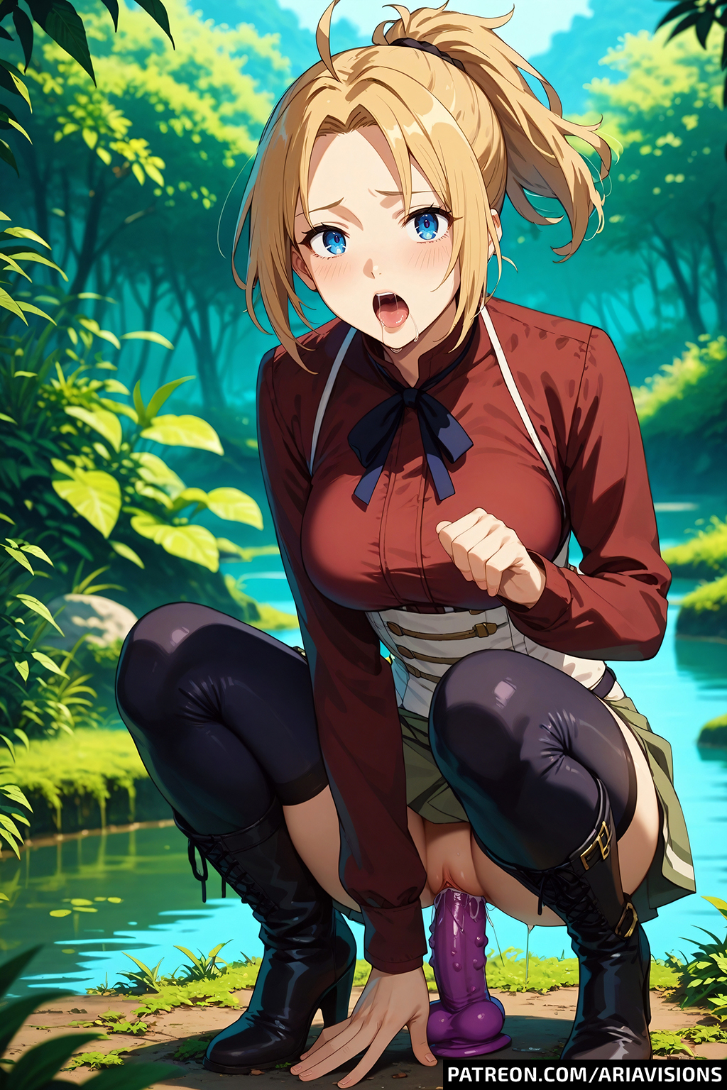 ai_generated ariavisions blonde_hair blue_eyes dildo_in_pussy drooling happy jobless_reincarnation mushoku_tensei ponytail sidelocks sitting_on_dildo skirt thighhighs zenith_greyrat