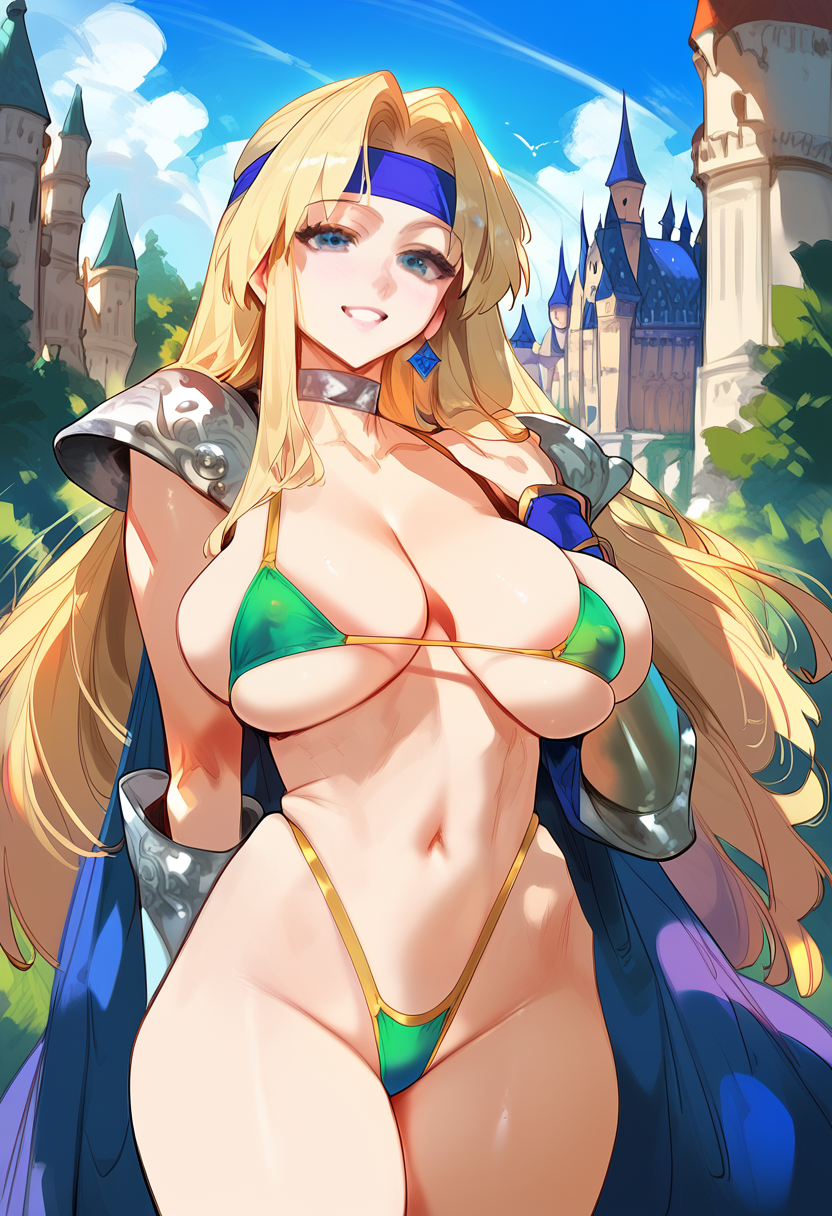 2d ai_generated big_breasts bikini blonde_female blonde_hair blonde_hair_female celes_chere day female female_focus female_only final_fantasy final_fantasy_vi green_bikini headband highleg highleg_bikini long_hair micro_bikini outdoors shoulder_armor solo solo_female solo_focus tagme