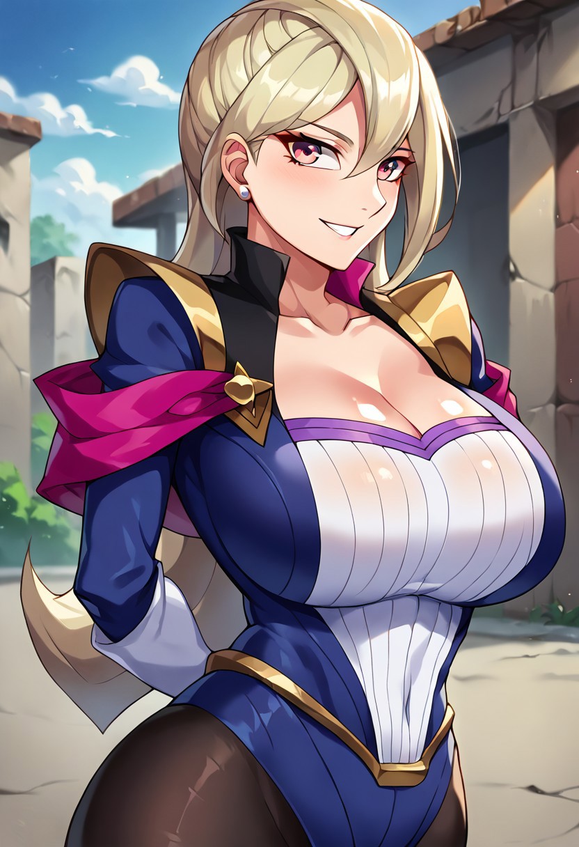 abdomen ai_generated blonde_hair blush clothing duelistmuser earrings gloria_tyler hi_res huge_breasts looking_at_viewer navel red_eyes smile solo voluptuous yu-gi-oh! yu-gi-oh!_arc-v