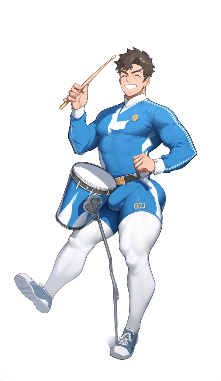 1boy ai_generated ass bara big_ass big_bulge big_butt bulge drum marching marching_band_uniform muscular smile smiling thick_thighs thighs yaoi