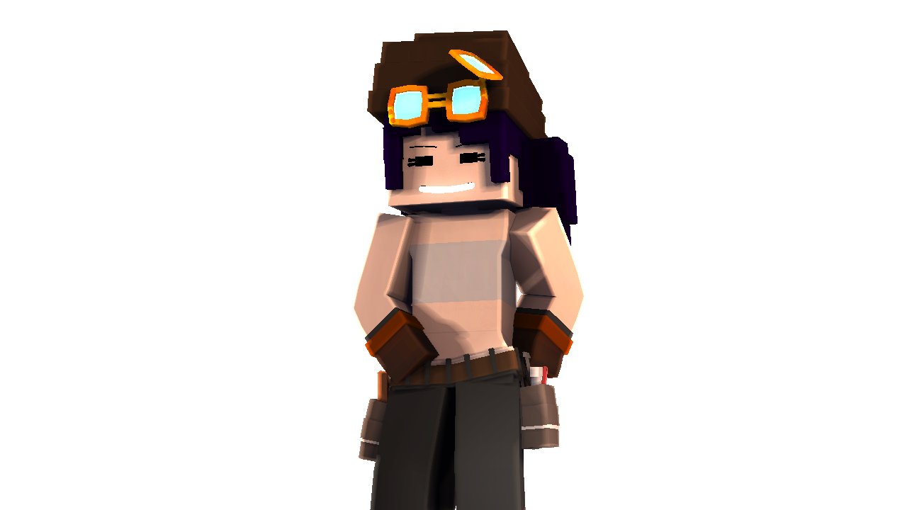 accessory artist_request brown_gauntlets brown_hat closed_eyes cute dark_blue_hair female flat_chest glasses grey_topwear long_pants mechanical mechanical_girl mine-imator minecraft ponytail small_breasts smile steampunk tomboy tools