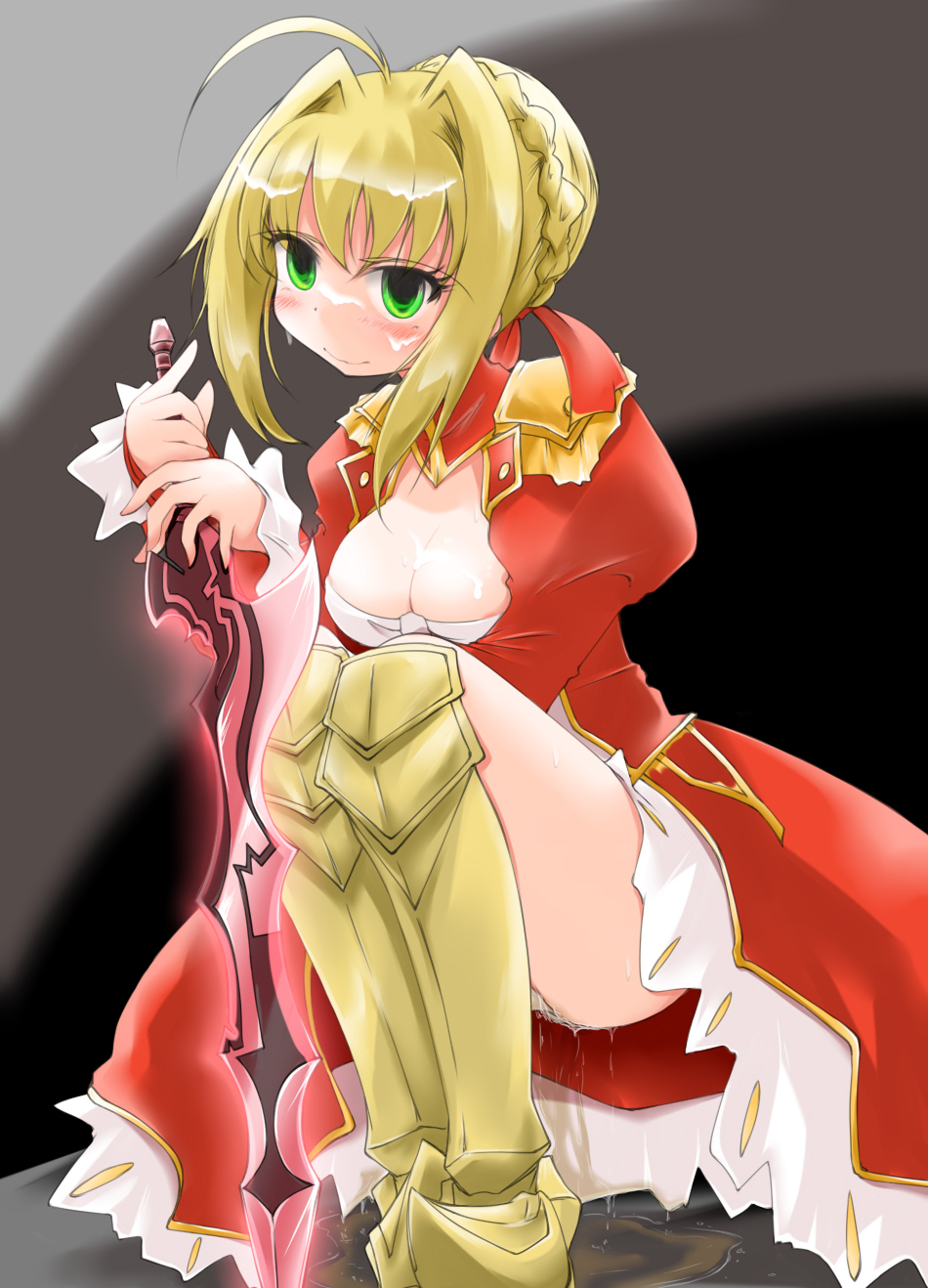 aestus_estus ahoge anbee_(arary) armor armored_boots blonde_hair blush braid breasts cleavage cum cum_on_breasts cum_on_hair cum_on_upper_body dress empty_eyes epaulettes eyebrows_visible_through_hair facial fate/extra fate_(series) female french_braid full_body green_eyes hair_intakes hair_ornament hair_ribbon hands_together hands_up highres holding holding_sword holding_weapon juliet_sleeves long_sleeves looking_at_viewer medium_breasts nero_claudius_(fate) panties pantyshot peeing peeing_self puddle puffy_long_sleeves puffy_sleeves red_dress red_ribbon ribbon simple_background smile solo squatting sword tied_hair underwear upskirt weapon wet_clothes wet_panties white_panties