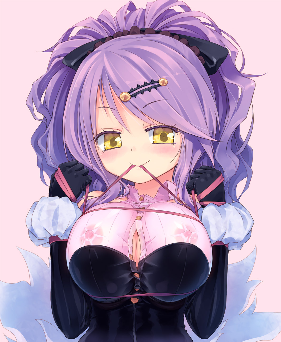 blush, bondage, breast bondage, breasts, bust, center opening, chandelure, cleavage, dress, elbow gloves, erect nipples, eyelashes, female, gloves, hair ornament, hairclip, highres, homura subaru, large breasts, mouth hold, nipples, personification, pokemon, ponytail, purple hair, ribbon, ribbon bondage, ribbon in mouth, see-through, smile, solo, tied hair, unbuttoned, yellow eyes