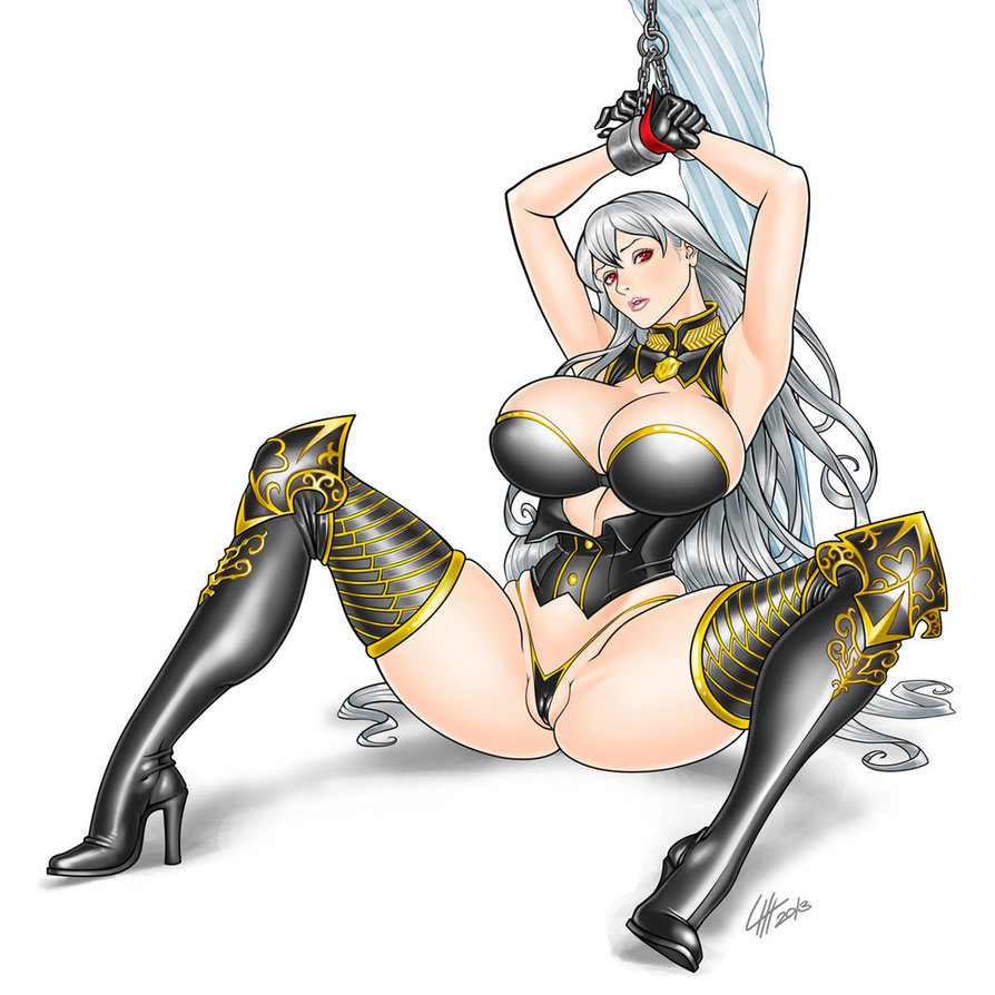 1girls bondage boots bound_wrists breasts busty cameltoe cleavage clothing gloves gray_hair high_heel_boots high_heels huge_breasts large_breasts loubotix panties partially_visible_vulva red_eyes selvaria_bles silver_hair solo spread_legs thighhigh_boots valkyria_chronicles voluptuous