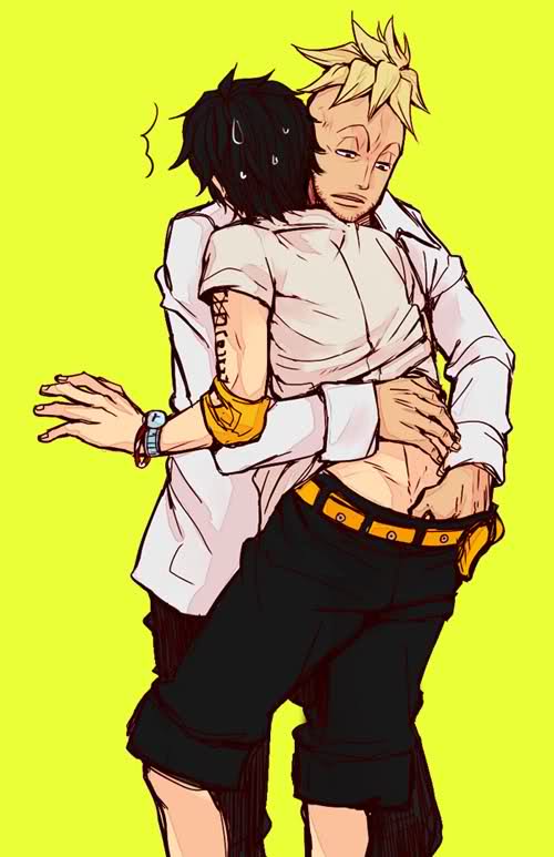 2boys ass belt black_hair blonde_hair duo gay groping hand_under_clothes log_pose male male_only marco_(one_piece) multiple_boys one_piece portgas_d_ace shorts surprised tattoo undressing yaoi