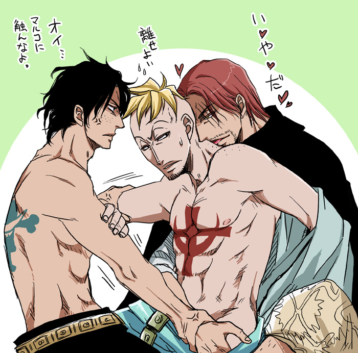 3boys abs black_hair blonde_hair gay male male_only marco_(one_piece) multiple_boys one_piece portgas_d_ace red_hair shanks tattoo topless trio undressing yaoi