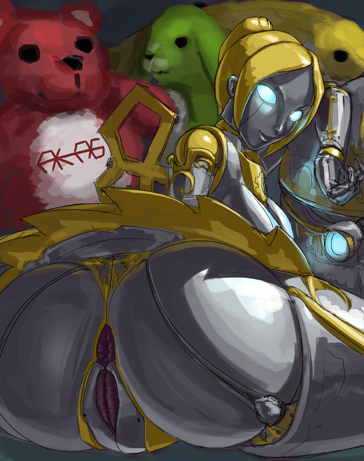 aka6, anus, ass, blonde hair, female, glowing eyes, huge ass, league of legends, looking back, machine, orianna, pussy, robot, robot girl