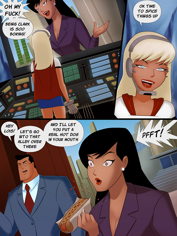 1boy, 2girls, black hair, blonde hair, blouse, blue eyes, clark kent, clothed, dc, dc comics, dcau, female, human, justice league, kal-el, lois lane, lois lane (dcau), long hair, male, miniskirt, multiple females, shirt, skirt, sunsetriders7, supergirl, superman, superman (clark kent), superman (series), superman: the animated series, uncensored
