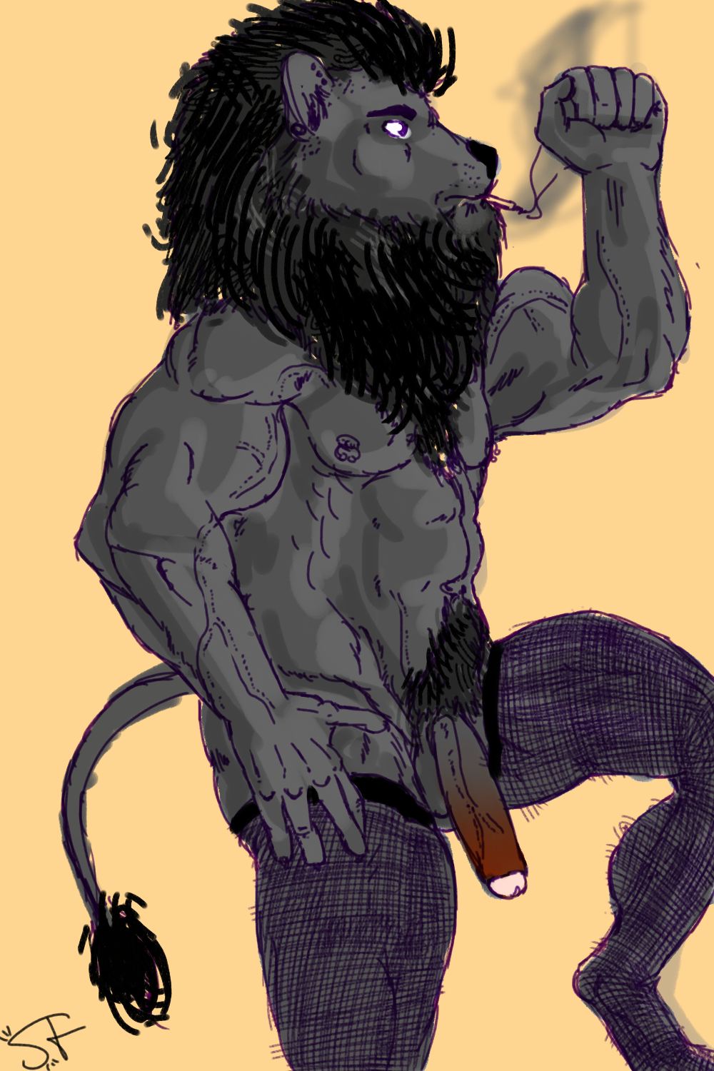 anthro black_fur cigarette feline fist fur furry legwear lion male_only mammal muscles nipple_piercing nipples penis piercing plain_background raised_leg smoking standing stickyfeathers stockings tan_background uncut