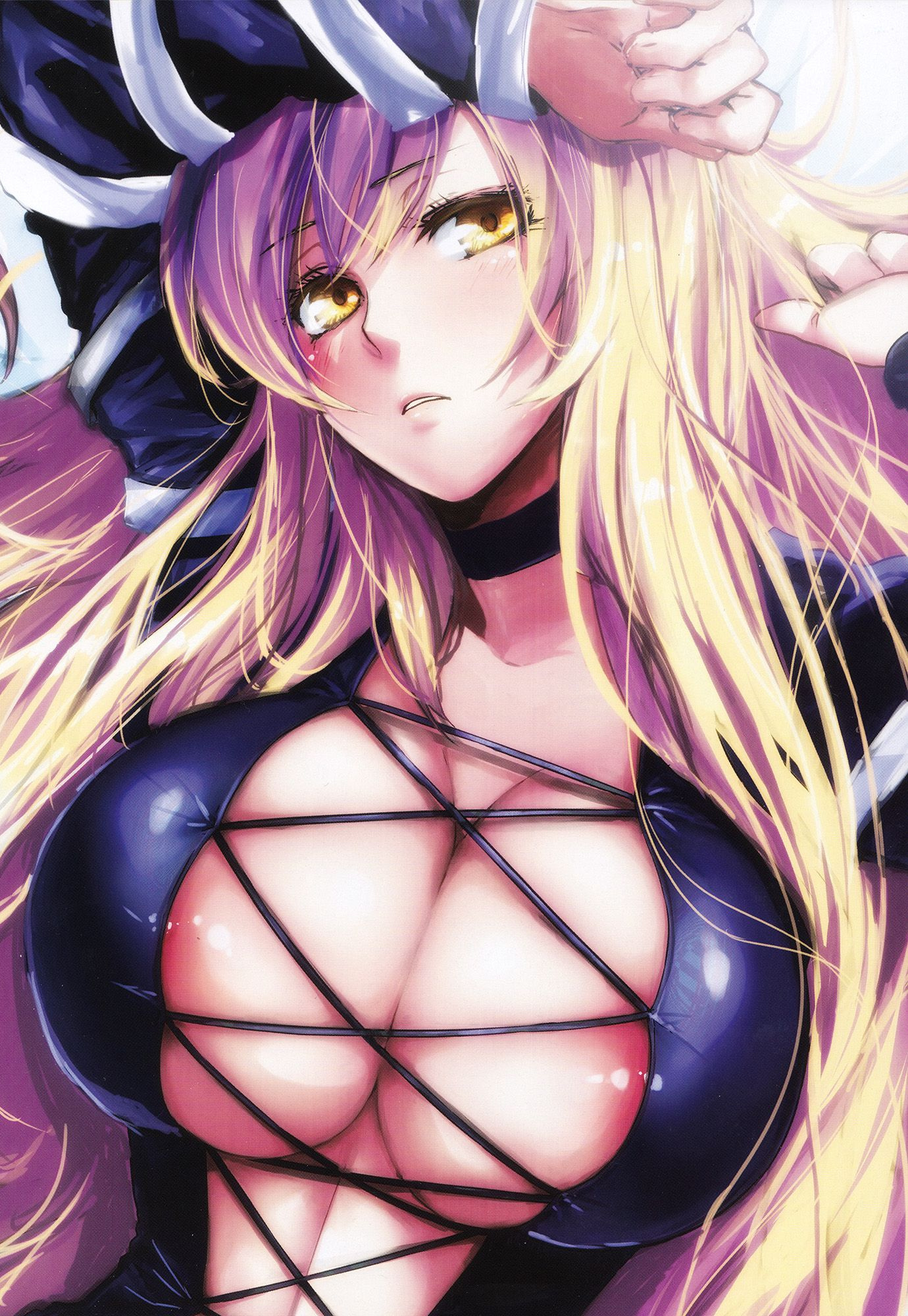 areola, areola slip, arms up, blonde hair, blush, breasts, choker, cleavage, close-up, cross-laced clothes, erobouzu, female, gradient hair, highres, hijiri byakuren, huge breasts, large breasts, lips, long hair, looking away, multicolored hair, open mouth, purple hair, solo, touhou, very long hair, yellow eyes