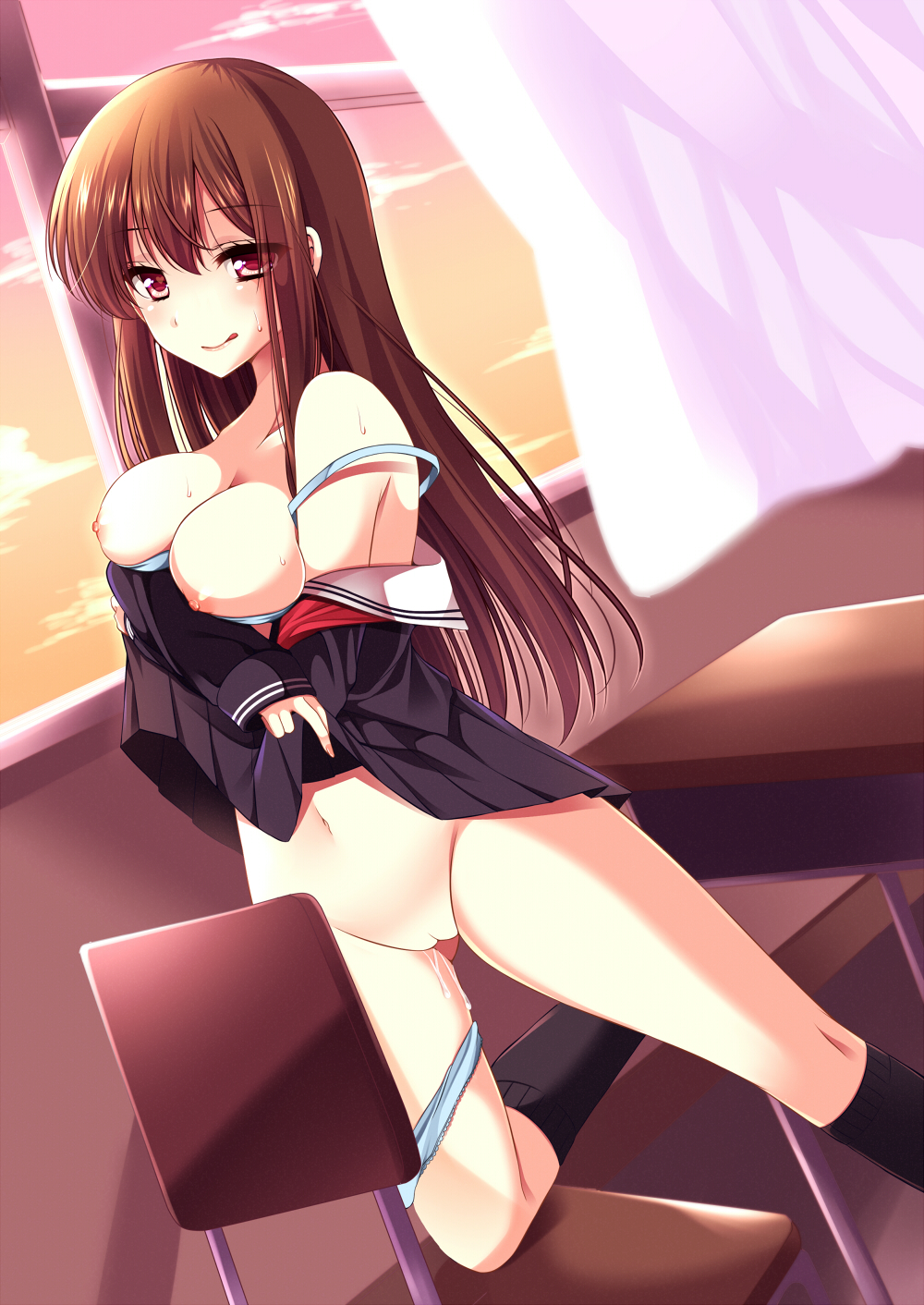 :q agekichi_(heart_shape) bra bra_pull breasts brown_eyes brown_hair chair cleavage curtains female female green_bra green_panties highres long_hair looking_at_viewer navel nipples original panties panties_around_leg pussy pussy_juice pussy_juice_drip school_desk school_uniform serafuku socks solo sweat table tagme tongue uncensored underwear