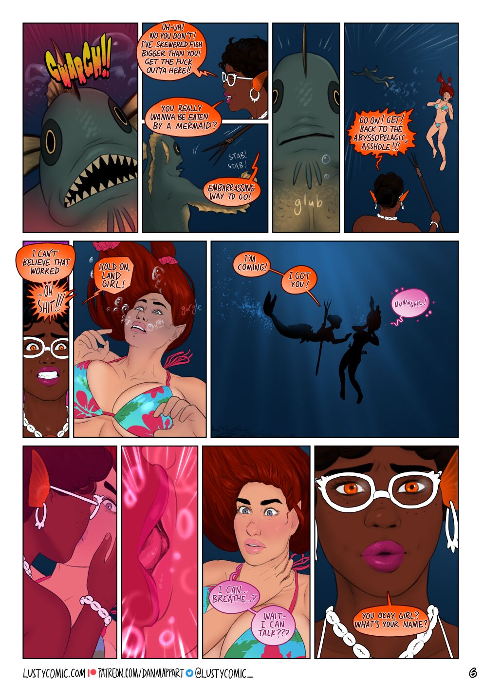 big_breasts breasts comic comic_page dan_mapplethorpe drowning english_text female kissing lipstick mermaid page_6 page_number underwater