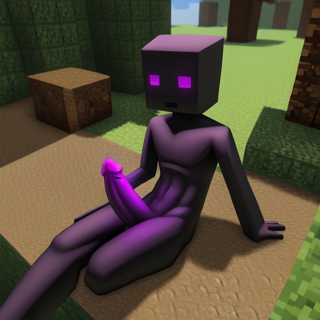 1boy 1male ai_generated black_body enderman glowing_eyes looking_at_viewer minecraft penis purple_penis sitting solo solo_focus solo_male