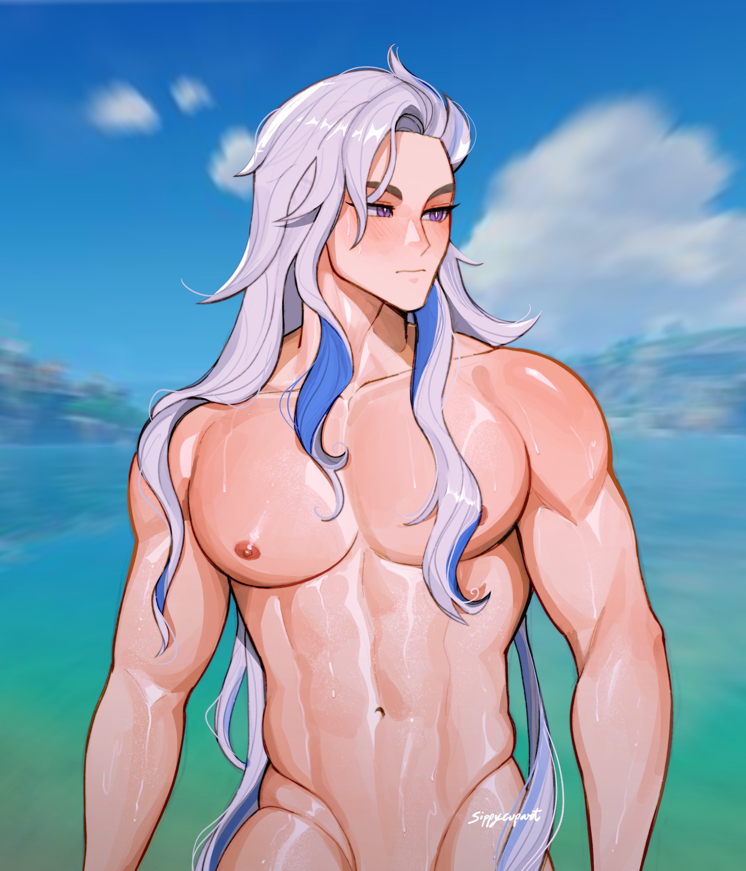 1boy, 1boys, gay, genshin impact, male, male focus, male only, naked, neuvillette (genshin impact), sippycupart, tagme, yaoi