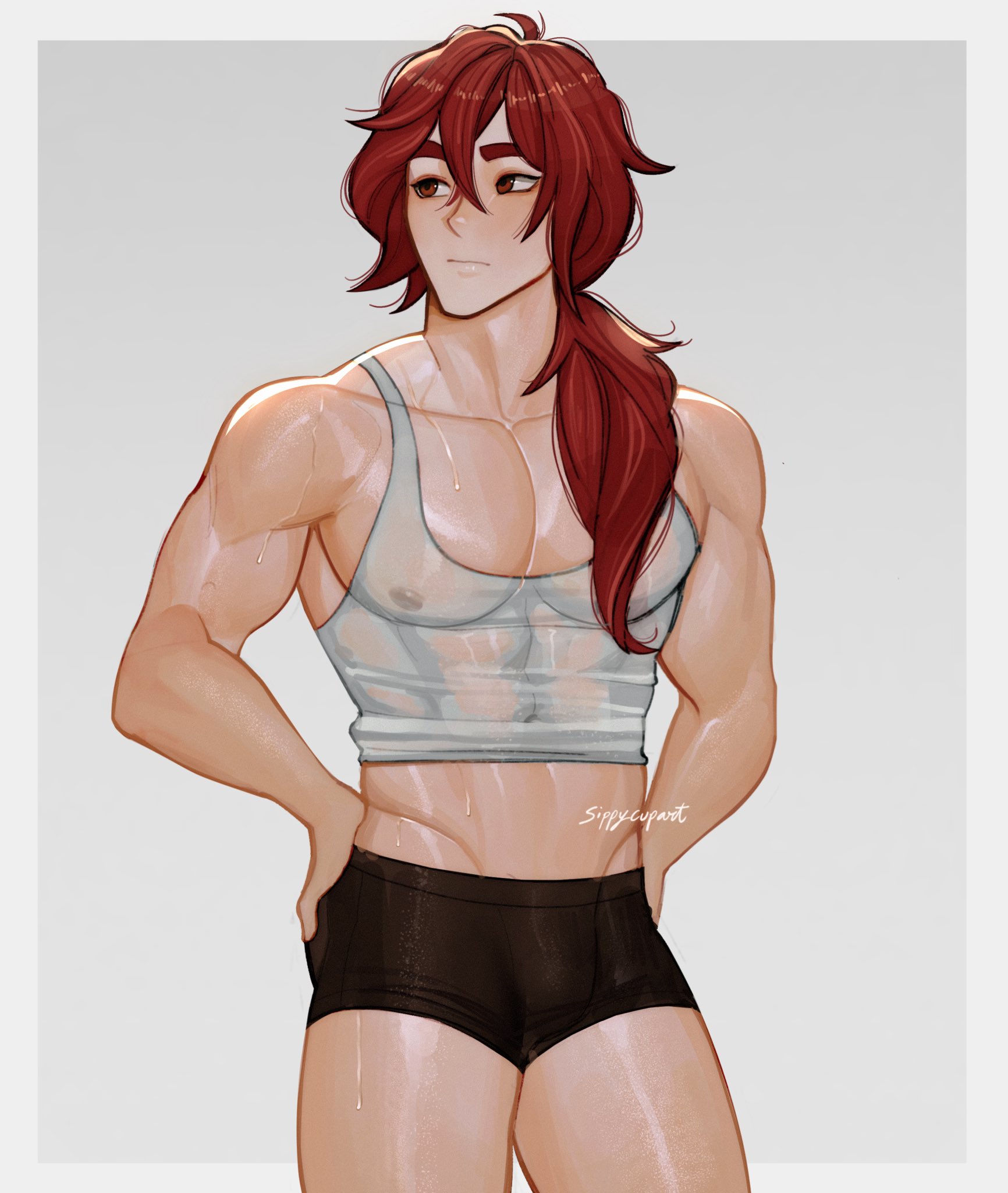 diluc (genshin impact), gay, genshin impact, male, male only, sippycupart, tight clothing, underwear, yaoi