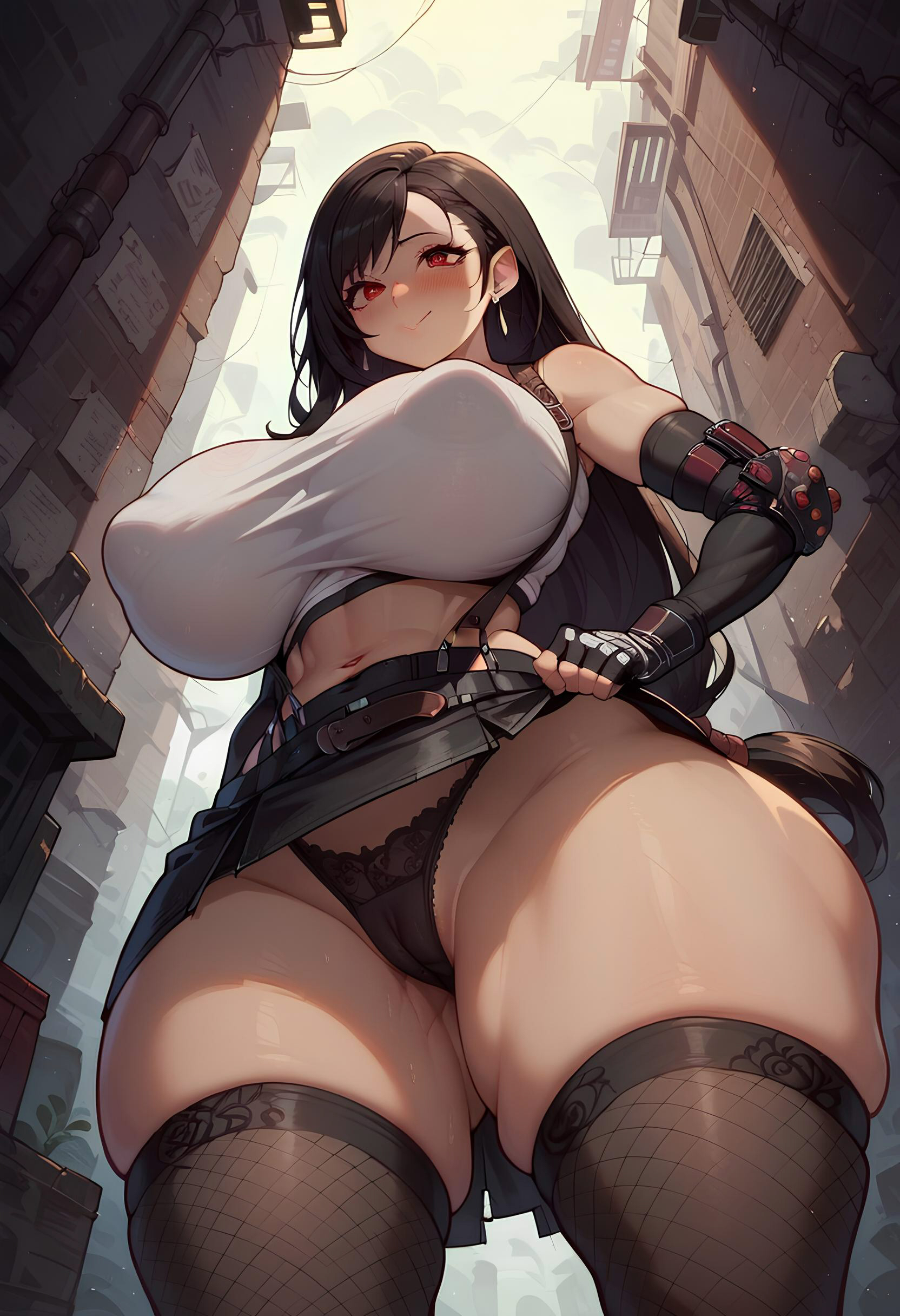 1girls, ai generated, big breasts, black hair, blush, breasts, cameltoe, covered nipples, female, final fantasy, final fantasy vii, from below, gmgkaiser, huge breasts, long hair, looking at viewer, navel, outdoors, panties, pussy, skindentation, skirt, solo, thighhighs, tifa lockhart, upskirt