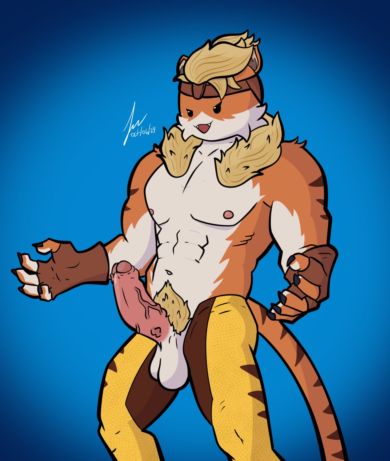 anthro balls big_penis clothed clothing da1k1ra domestic_cat epic_games erection felid feline felis fortnite fur genitals hair hi_res humanoid_genitalia humanoid_penis male mammal marvel marvel_comics meowtooth muscular nipples penis simple_background solo tail