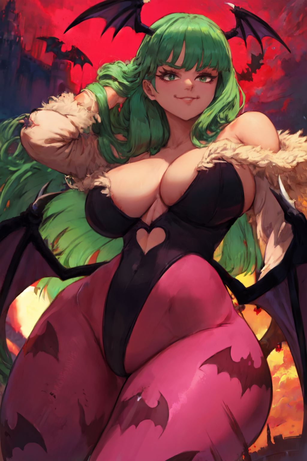 1girls ai_generated bangs bats big_breasts black_leotard breasts child_bearing_hips cleavage covered_navel cutout darkstalkers demon detached_sleeves exposed_shoulders feather-trimmed_sleeves female female_only from_below fur-trimmed_leotard green_eyes green_hair heart_cutout horror_(theme) huge_breasts huge_thighs leotard long_hair looking_at_viewer low_wings morrigan morrigan_aensland parted_lips red_background red_sky sleeveless sleeveless_leotard smile solo solo_female stable_diffusion standing succubus tampopo thick_thighs tights tower wide_hips wings wings_on_head