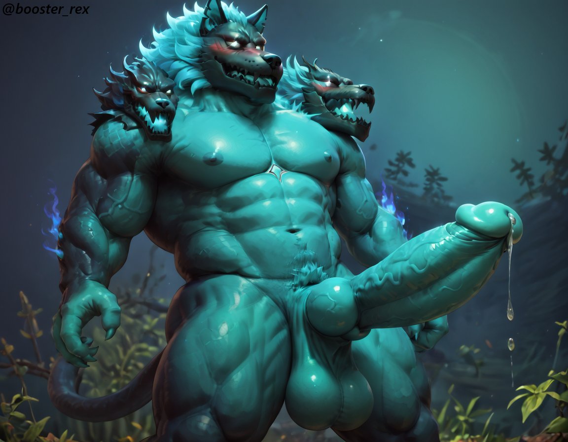 1boy abs ai_generated anthro balls bara big_balls big_muscles big_nipples big_pecs big_penis booster_rex canine cerberus cerberus_(fortnite) daddy dilf domestic_dog erect_nipples erection fortnite gay green_body hellhound huge_balls huge_cock huge_muscles huge_nipples huge_pecs hunk male male_only monster muscular muscular_anthro muscular_male nipple_suck nipples nude penis purple_body solo