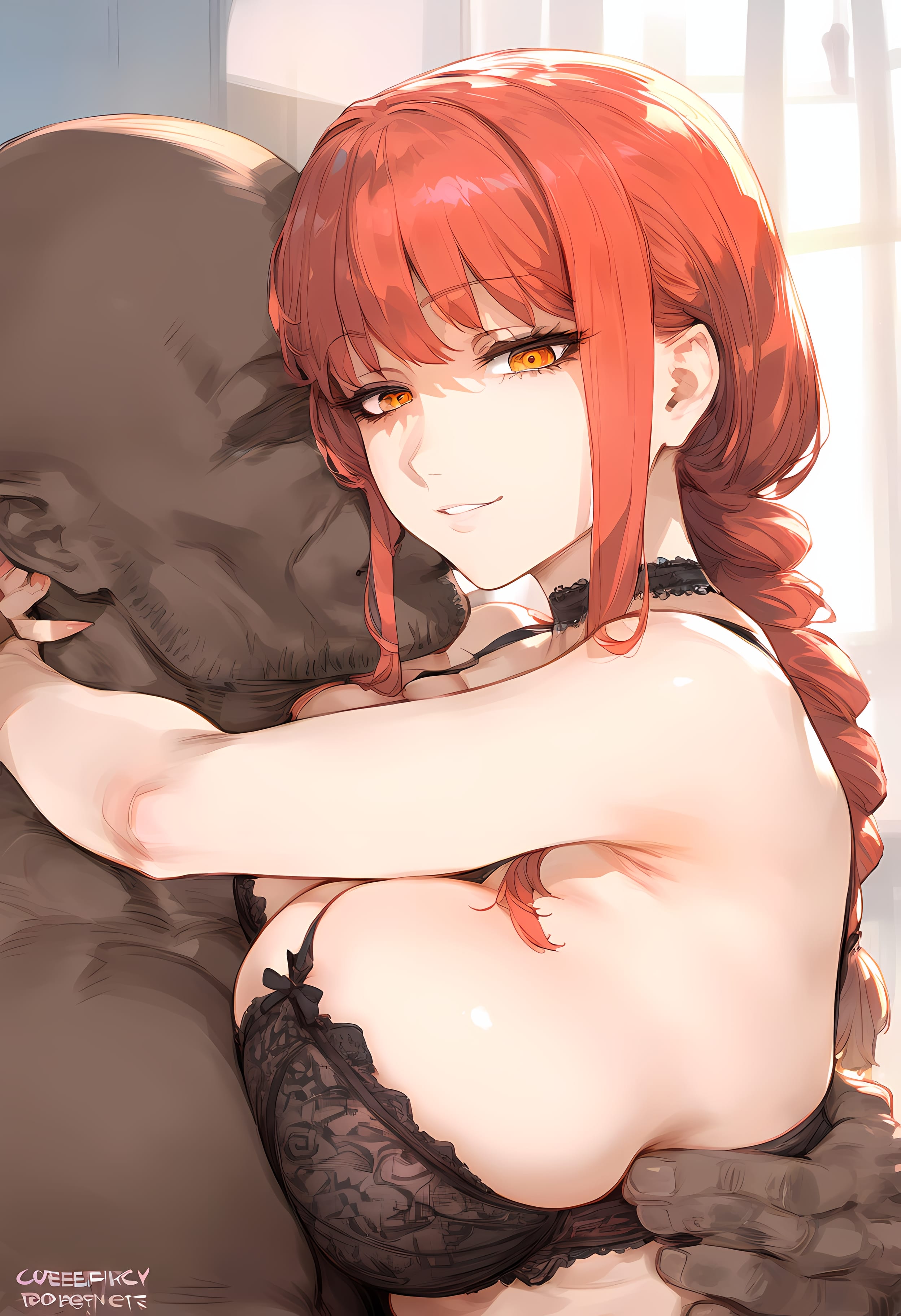 1boy, 1girls, ai generated, bald, bangs, bare shoulders, black bra, black choker, black underwear, bra, braid, braided ponytail, breasts, chainsaw man, choker, cleavage, clothing, completely nude, curvaceous, curvaceous female, curvaceous figure, curvy, curvy figure, dark skin, dark-skinned male, female, female focus, groping, hug, interracial, large breasts, long hair, looking at viewer, makima (chainsaw man), male, mommy, nakatori, nude, orange eyes, parted lips, red hair, ringed eyes, sidelocks, smile, solo, straight, tied hair, underwear, upper body, voluptuous, voluptuous female, yellow eyes