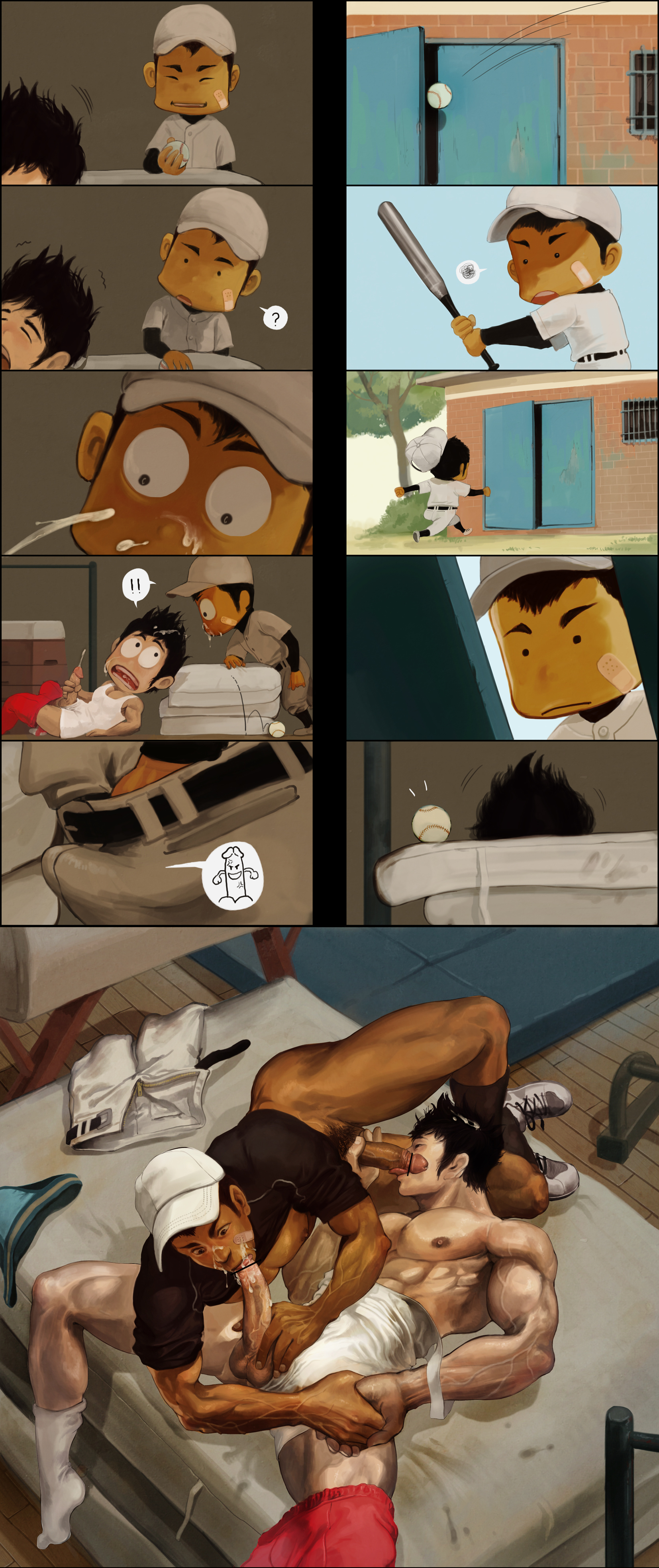 2boys, 69, 69 position, abs, bandage, bara, baseball, baseball cap, beige skin, big penis, black hair, bottomless, bulge, catrasche, caught, censored, comic, cum, cum on face, cum on hair, dark skin, dark-skinned male, ejaculation, erect nipples, erection, erection under clothes, exposed nipples, facial, gay, gymnastics, hand holding, hand in pants, happy ending, holding hands, holding penis, hunk, licking, licking penis, male, male only, mattress, multiple boys, multiple males, muscles, nipples, o o, oral, oral sex, original, pants, pants removed, penis, precum, pubic hair, school, shirt up, shorts around one leg, socks, sports uniform, spread legs, stain, sucking, tan, tan skin, tongue, topless, underwear aside, veins, veiny muscles, veiny penis, white socks, yaoi
