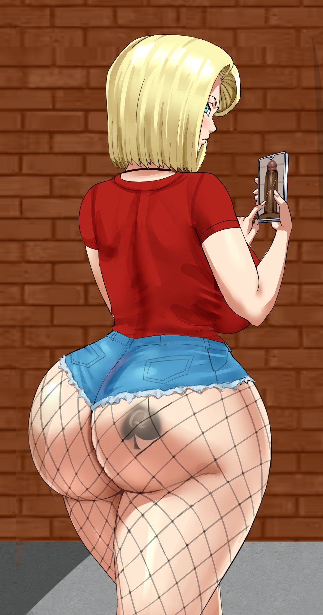 1girls alley android_18 ass back_view blacked blonde_hair blue_eyes breasts dick_pic dragon_ball dragon_ball_z edit female fishnets large_ass large_breasts light-skinned_female light_skin looking_at_viewer phone pinkpawg queen_of_spades red_shirt spade spade_tattoo tattoo voluptuous wide_hips