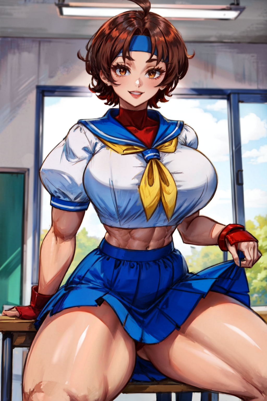 1girls abs ahoge ai_generated big_breasts blue_headband breasts brown_eyes brown_hair busty_buff classroom cleavage female female_only grin headband holding_skirt indoors inside large_breasts looking_at_viewer midriff miniskirt muscular muscular_female muscular_legs muscular_thighs navel panties pantyshot pleated_skirt sakura_kasugano school_uniform serafuku short_hair short_skirt sideboob sitting skirt skirt_lift skirt_lifted_by_self skirt_up smile solo solo_female stable_diffusion street_fighter street_fighter_alpha street_fighter_alpha_3 street_fighter_iv street_fighter_v tampopo thick_thighs toned toned_female undershirt uniform wide_hips