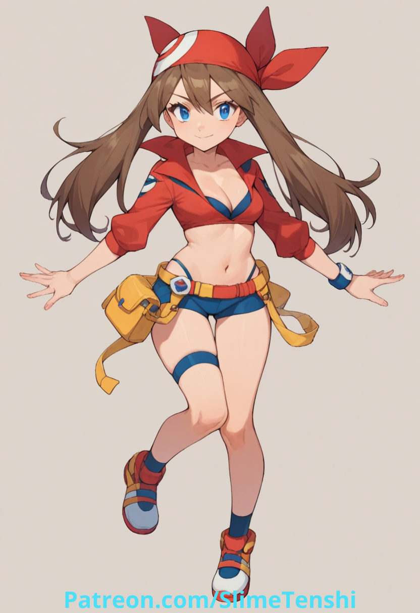 ai_generated backpack blue_eyes bracelet brown_hair cleavage long_hair looking_at_viewer may_(pokemon) medium_breasts pokemon red_bandana shoes short_shorts skinny_girl slimetenshi thighs