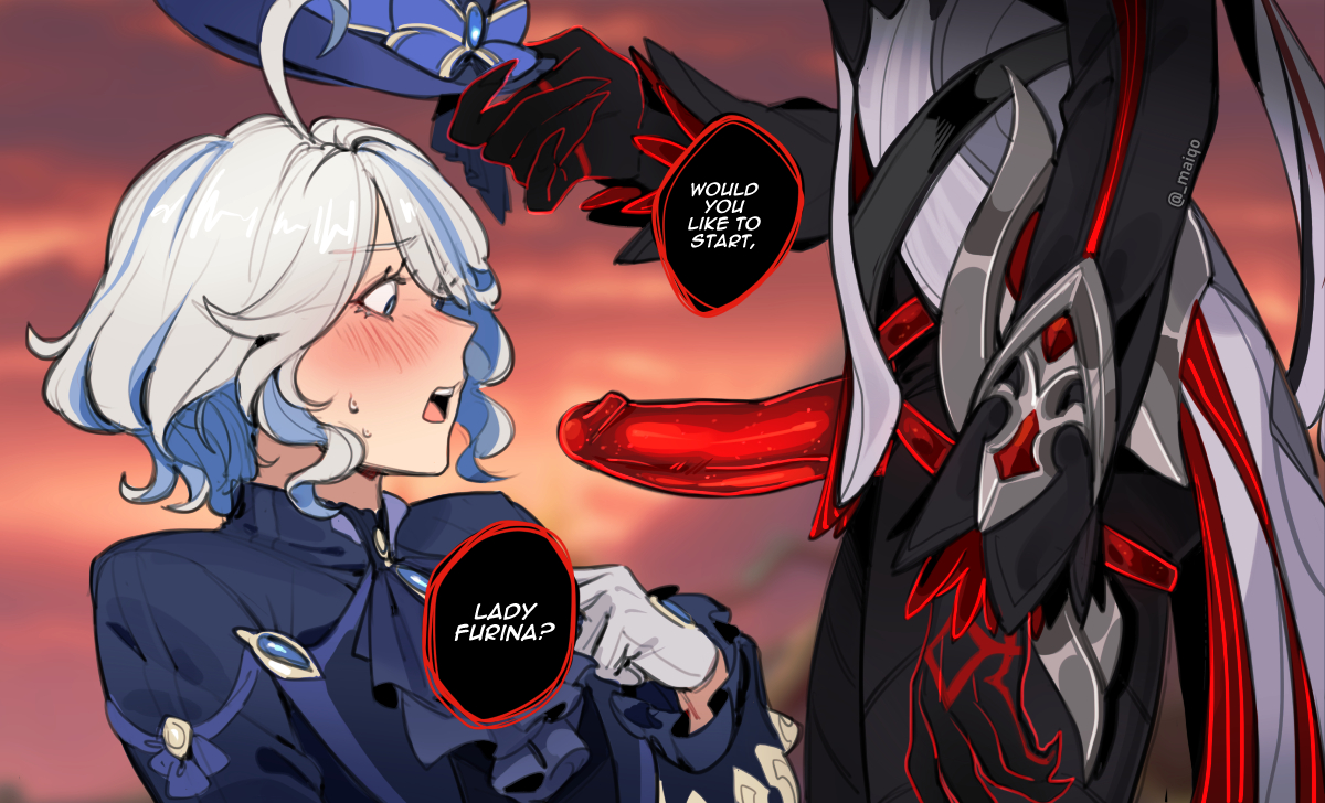2girls, ahoge, arlecchino (cinder of two worlds' flames) (genshin impact), arlecchino (genshin impact), big dildo, blush, dialogue, dildo, dominant female, english text, female, fontaine girls, fully clothed, furina (genshin impact), genshin impact, gloves, hat, imminent oral, lesbian, lesbian focus, maiqo, multiple females, multiple girls, open mouth, snezhnaya girls, strap-on, strapon, submissive female, sweat, sweatdrop, text, top hat, white hair, yuri