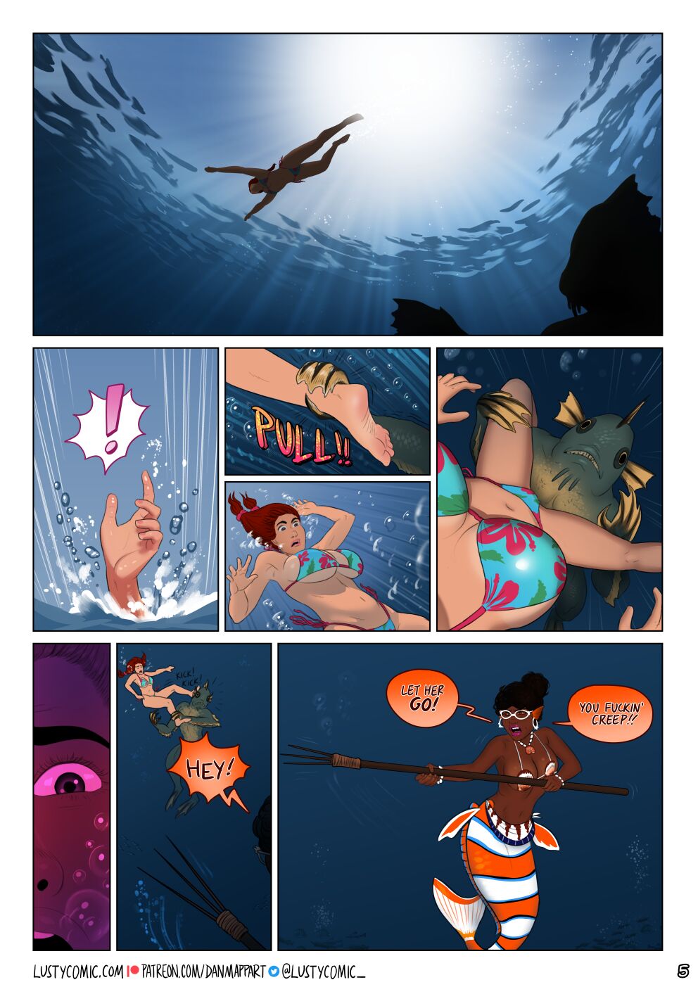 big_breasts comic comic_page dan_mapplethorpe english_text lipstick mermaid page_5 page_number underwater