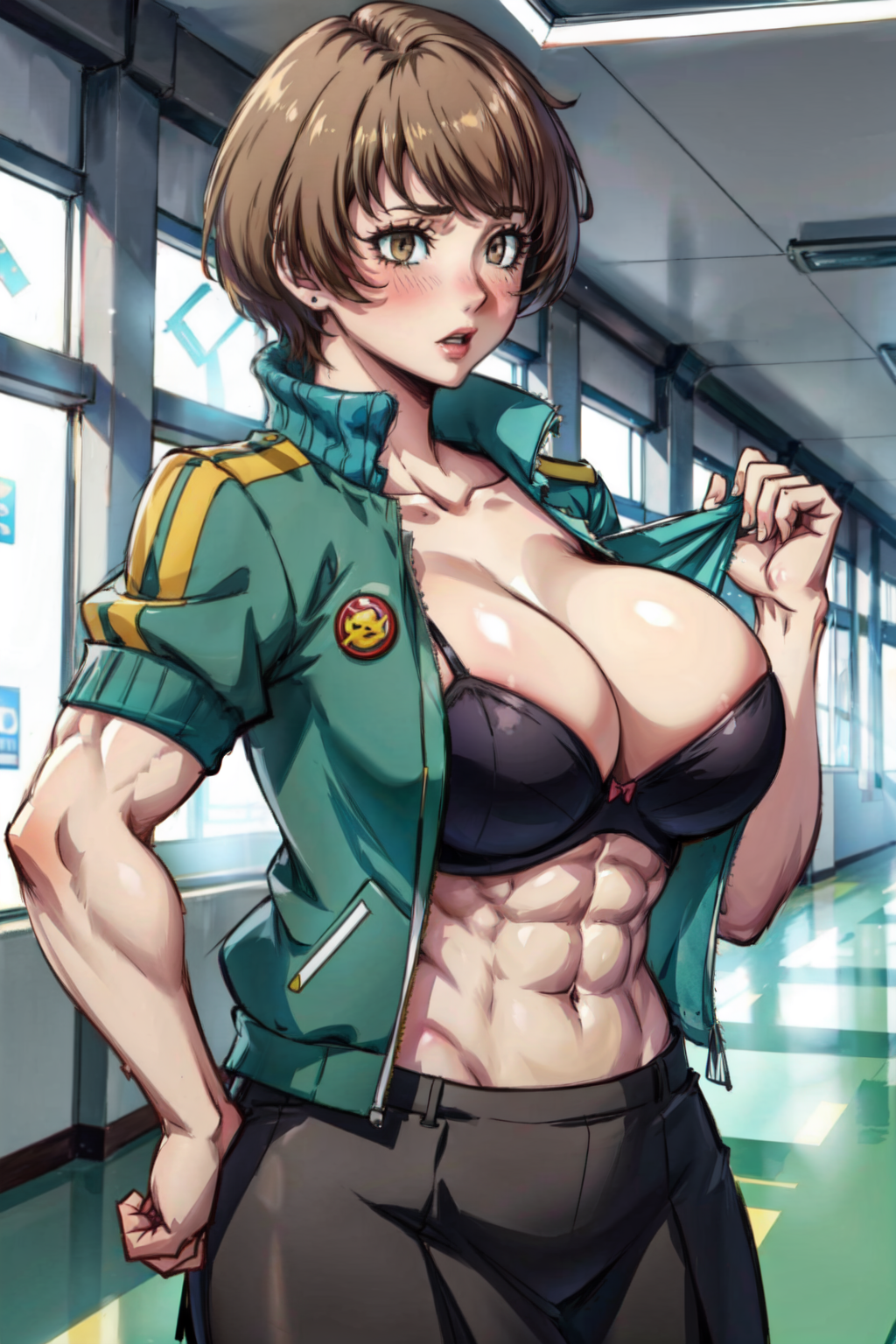 1girls abs ai_generated alternate_breast_size biceps big_breasts blush bra brown_eyes brown_hair busty_buff cleavage female female_only green_jacket hallway hand_on_hip holding_bag holding_object huge_breasts indoors inside jacket midriff muscular muscular_female navel open_clothes open_jacket parted_lips persona persona_4 persona_4_arena pleated_skirt satonaka_chie short_hair short_skirt skirt solo solo_female stable_diffusion standing sweatdrop tampopo toned toned_female tugging tugging_clothing