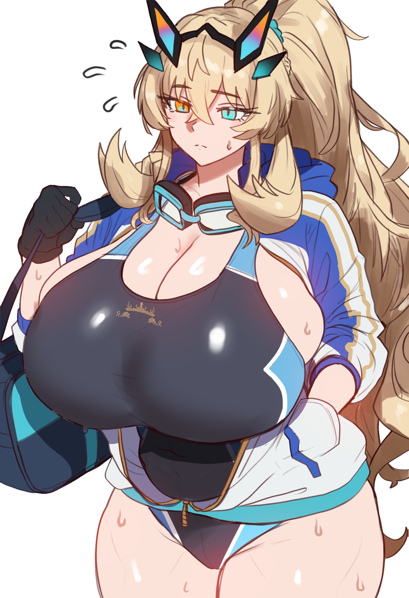 1girls, barghest (gawain) (fate), blonde hair, breasts, ebora, embarrassed, fate (series), fate/grand order, female, gloves, hoodie, huge breasts, light skin, light-skinned female, long hair, massive breasts, one-piece swimsuit, swimsuit, thick thighs, voluptuous, wide hips, youngmanisdown