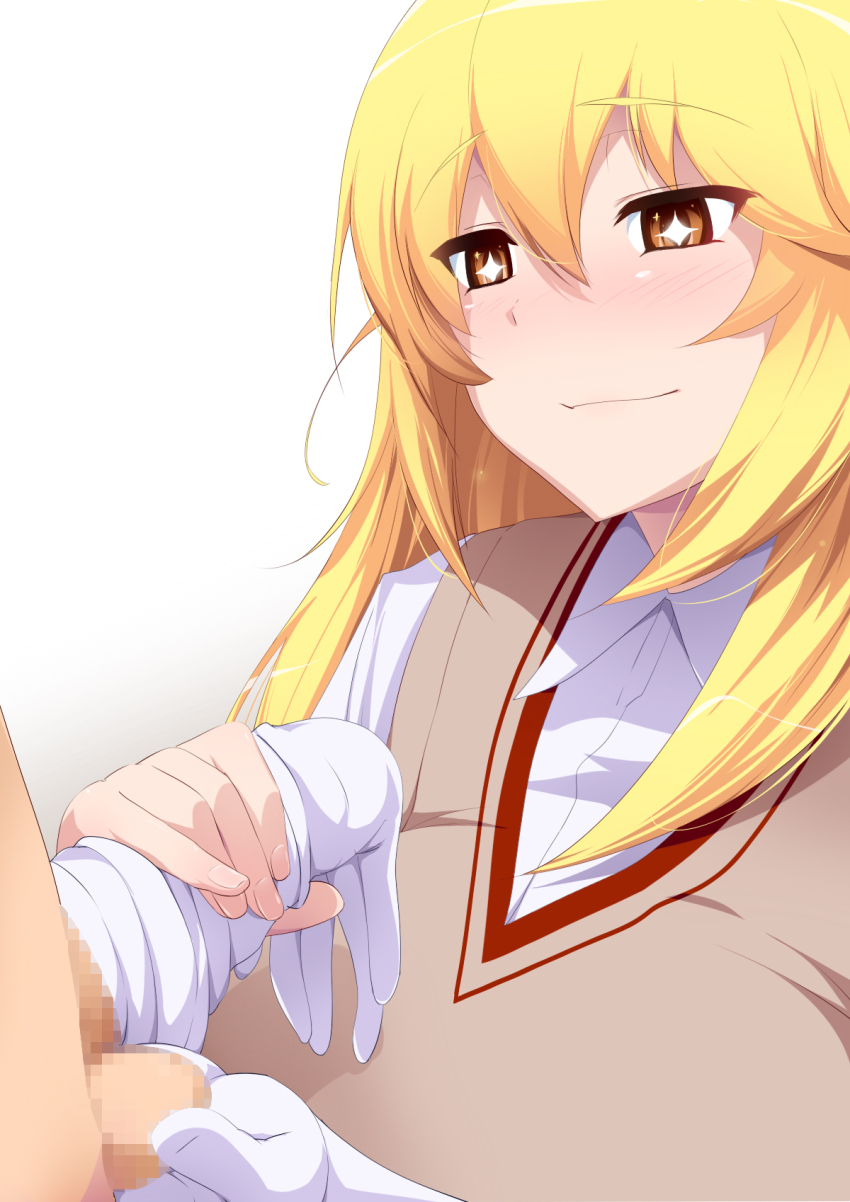 +_+ 10s 1boy 1girls 2013 blonde_hair blush caressing_testicles chance_maker elbow_gloves glovejob gloves handjob highres long_hair penis penis_in_glove school_uniform schoolgirl shokuhou_misaki smile teenage_girl teenager testicles to_aru_kagaku_no_railgun to_aru_majutsu_no_index tokiwadai_school_uniform white_background white_gloves young