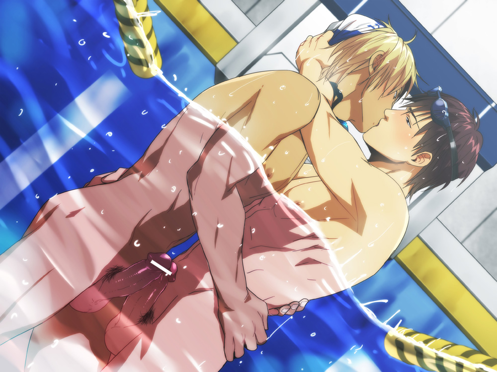 2boys abs black_eyes blonde_hair blush breath brown_hair censored dutch_angle erection frottage gay goggles grinding hug izumi_nekotsuki kissing male male_only multiple_boys multiple_penises muscle nipples nude original partially_submerged partially_underwater_shot penis penises_touching pool pubic_hair sweat swim_cap tan topless underwater underwater_sex wasukoro water yaoi