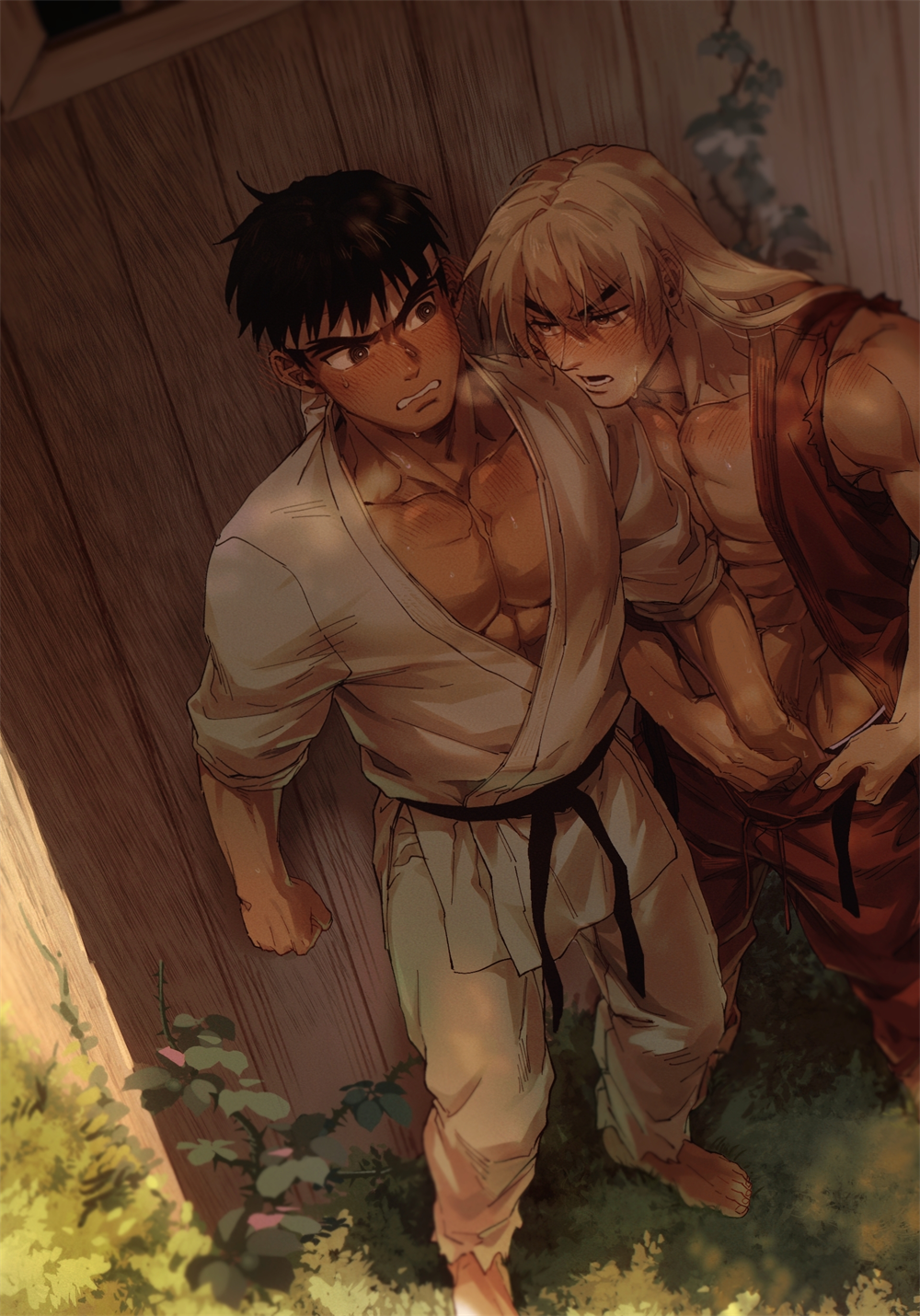 2boys aged_down bara black_hair blonde_hair blush breath clothes_pull couple dougi forked_eyebrows from_above guiding_hand hand_on_another&#039;s_crotch hand_under_clothes handjob headband hiding highres ken_masters long_hair male_focus multiple_boys muscular muscular_male pants pants_pull pectoral_cleavage pectorals red_headband ryu_(street_fighter) short_hair stealth_handjob stealth_sex street_fighter street_fighter_6 sweat thick_eyebrows torogao yaoi yuiofire